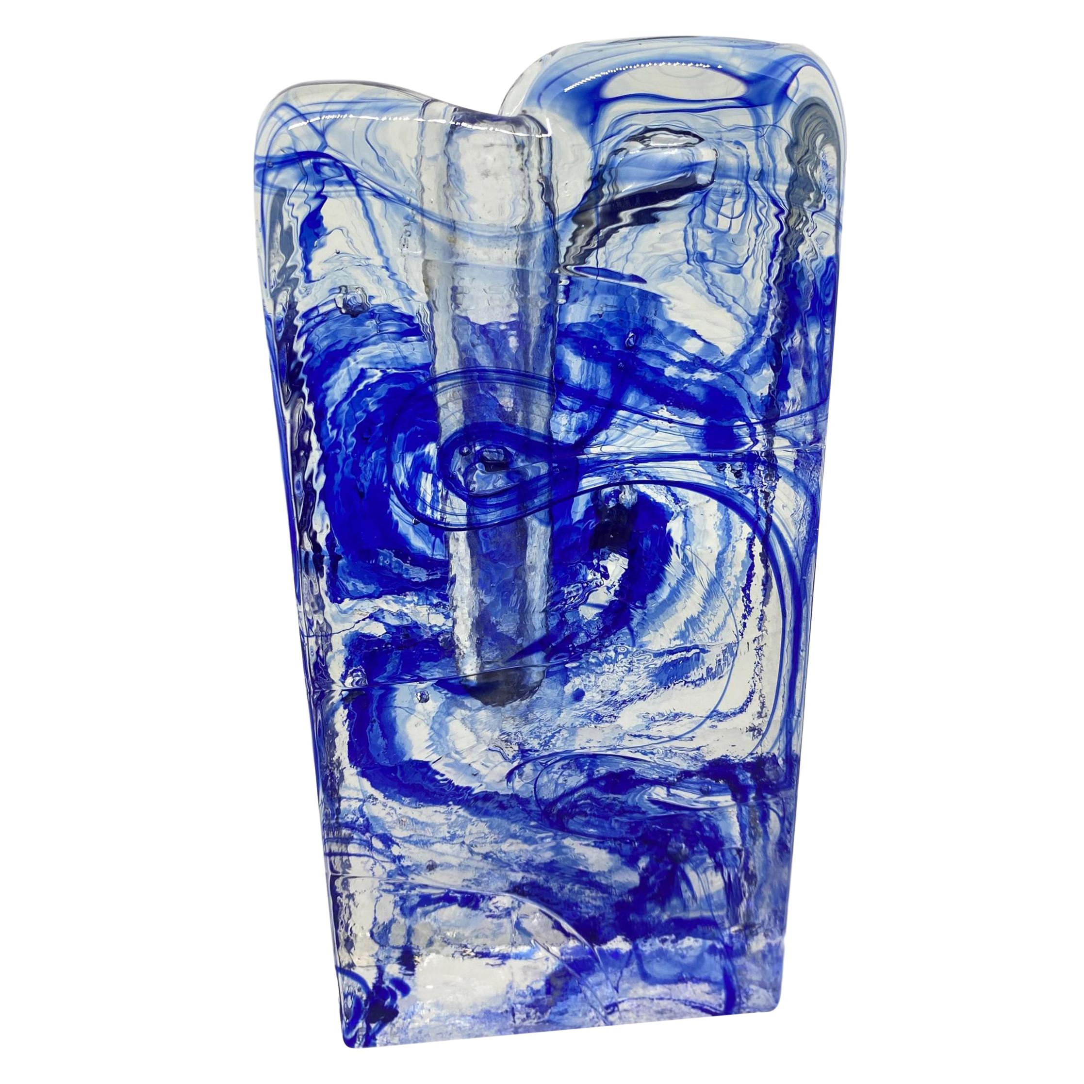 Rare Ice Block Glass "Solifleur" Vase Clear Glass with Blue Swirls German, 1970s For Sale