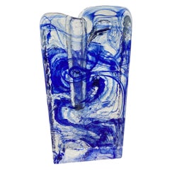 Rare Ice Block Glass "Solifleur" Vase Clear Glass with Blue Swirls German, 1970s