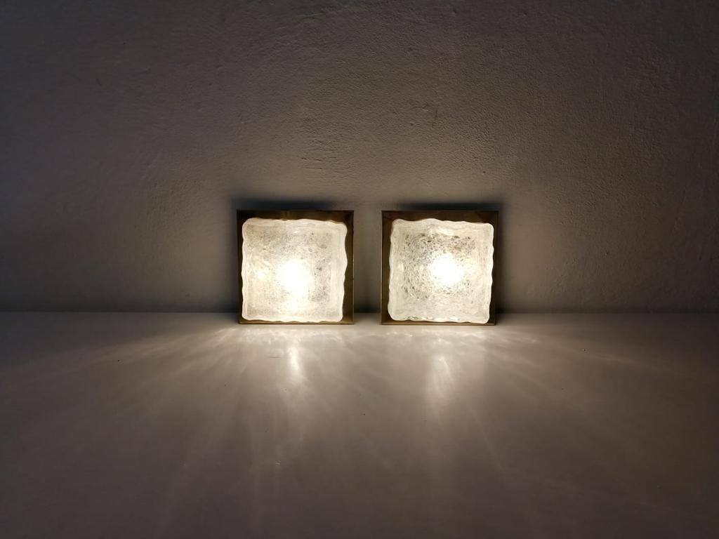 Rare Ice Glass & Brass Square Form Pair of Sconces by Hillebrand, 1960s, Germany 6