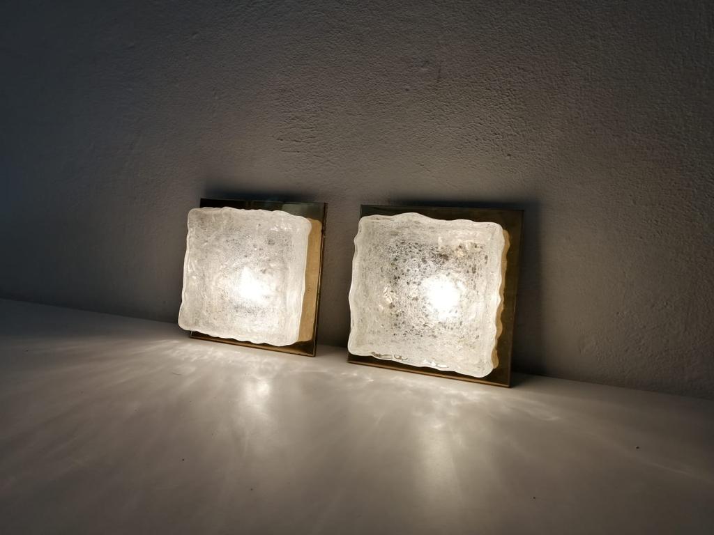 Rare Ice Glass & Brass Square Form Pair of Sconces by Hillebrand, 1960s, Germany 7