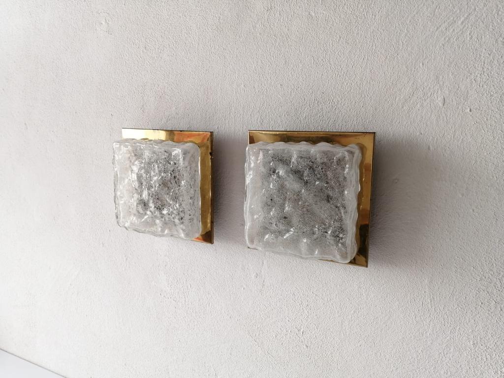 Mid-Century Modern Rare Ice Glass & Brass Square Form Pair of Sconces by Hillebrand, 1960s, Germany