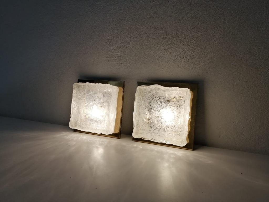 Mid-20th Century Rare Ice Glass & Brass Square Form Pair of Sconces by Hillebrand, 1960s, Germany