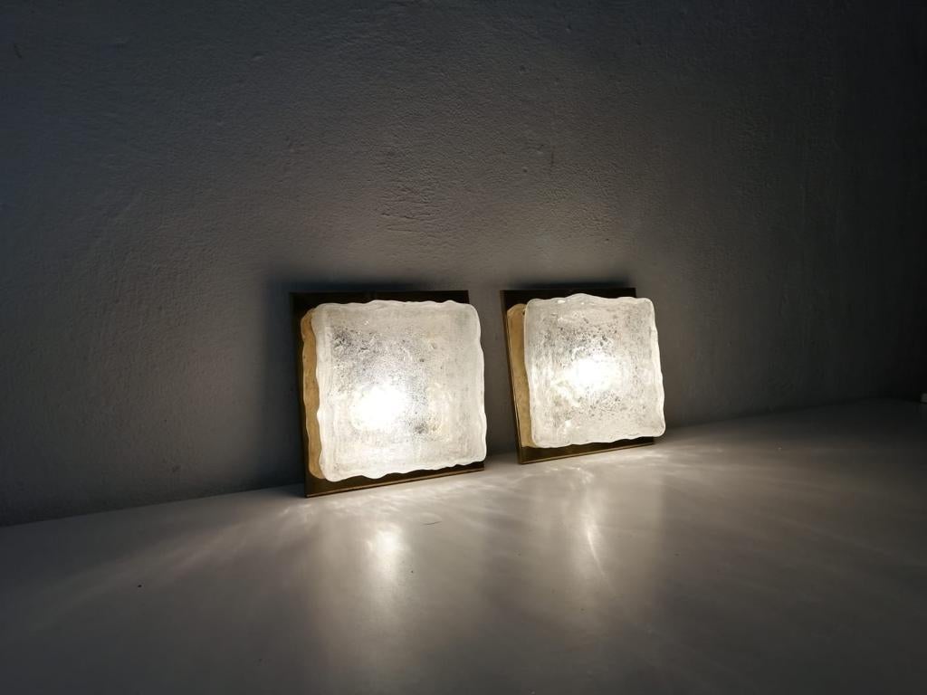 Rare Ice Glass & Brass Square Form Pair of Sconces by Hillebrand, 1960s, Germany 2