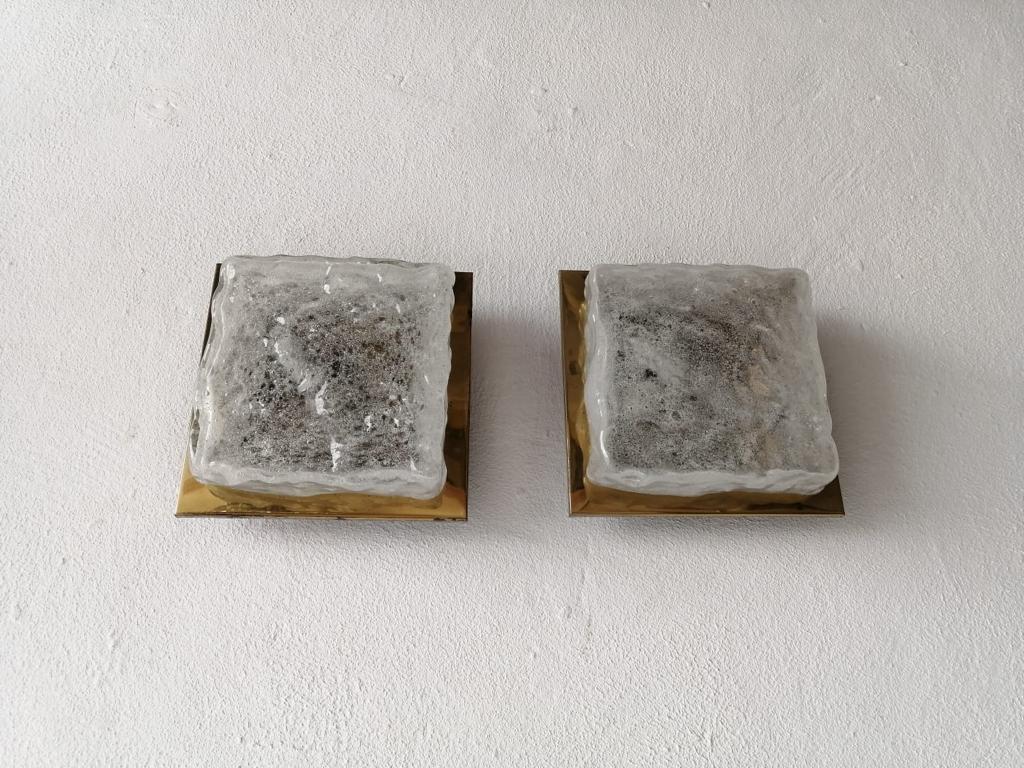 Rare Ice Glass & Brass Square Form Pair of Sconces by Hillebrand, 1960s, Germany 3