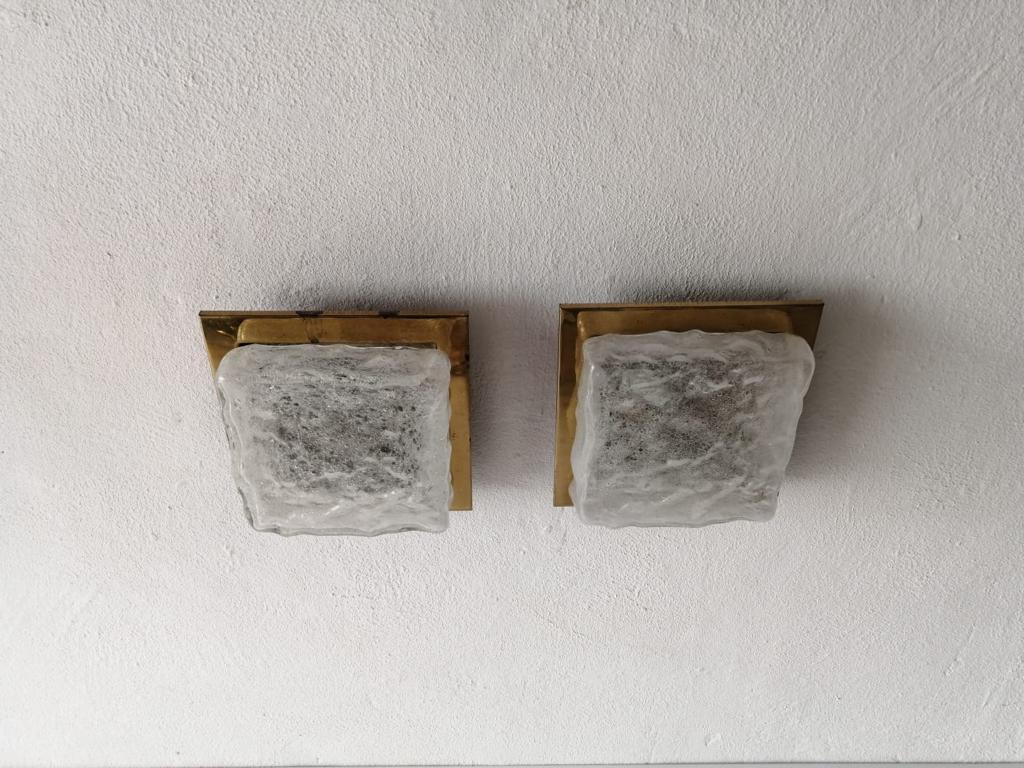 Rare Ice Glass & Brass Square Form Pair of Sconces by Hillebrand, 1960s, Germany 4