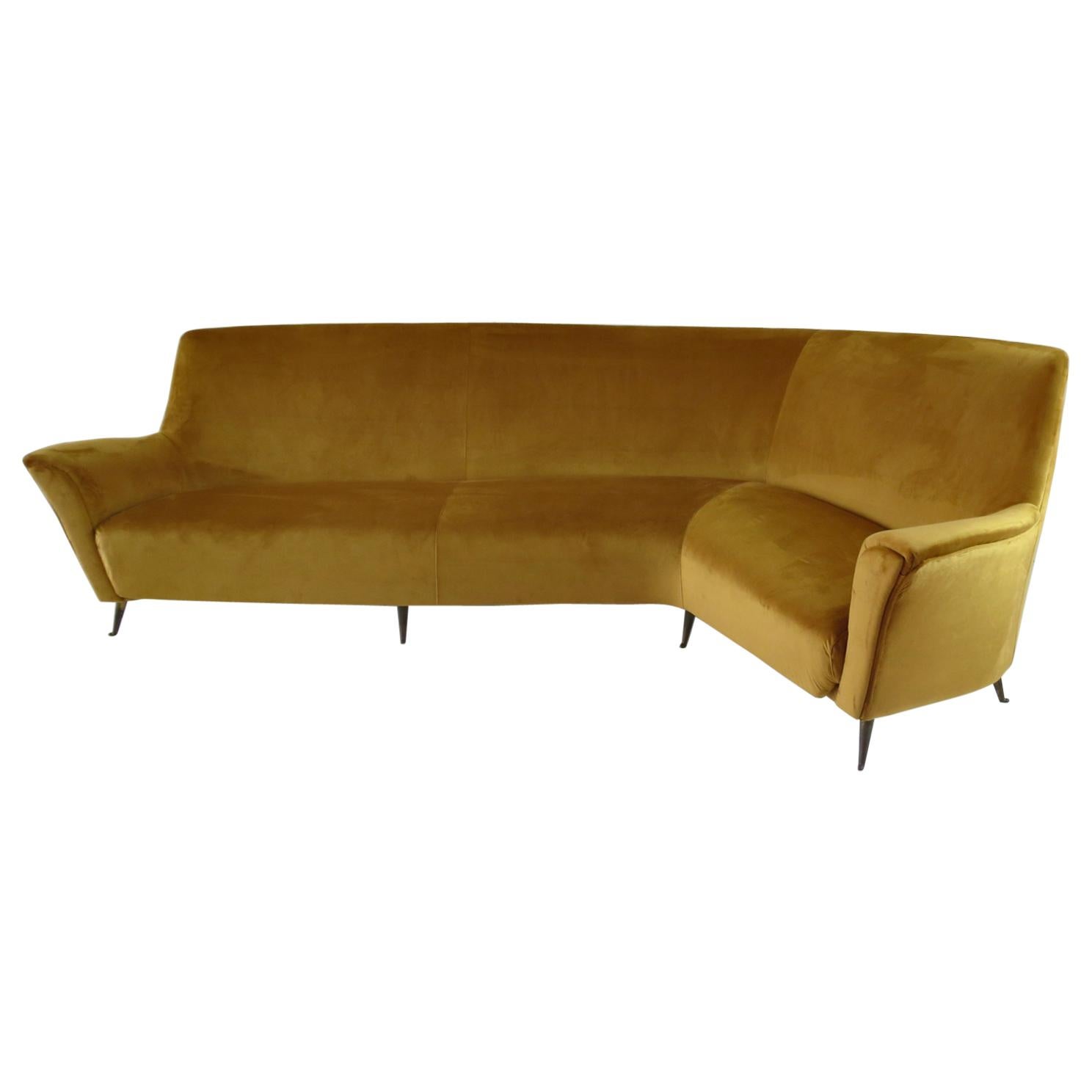 Rare Ico & Luisa Parisi Large Gold Yellow Velvet Curved Sofa by Isa, circa 1952