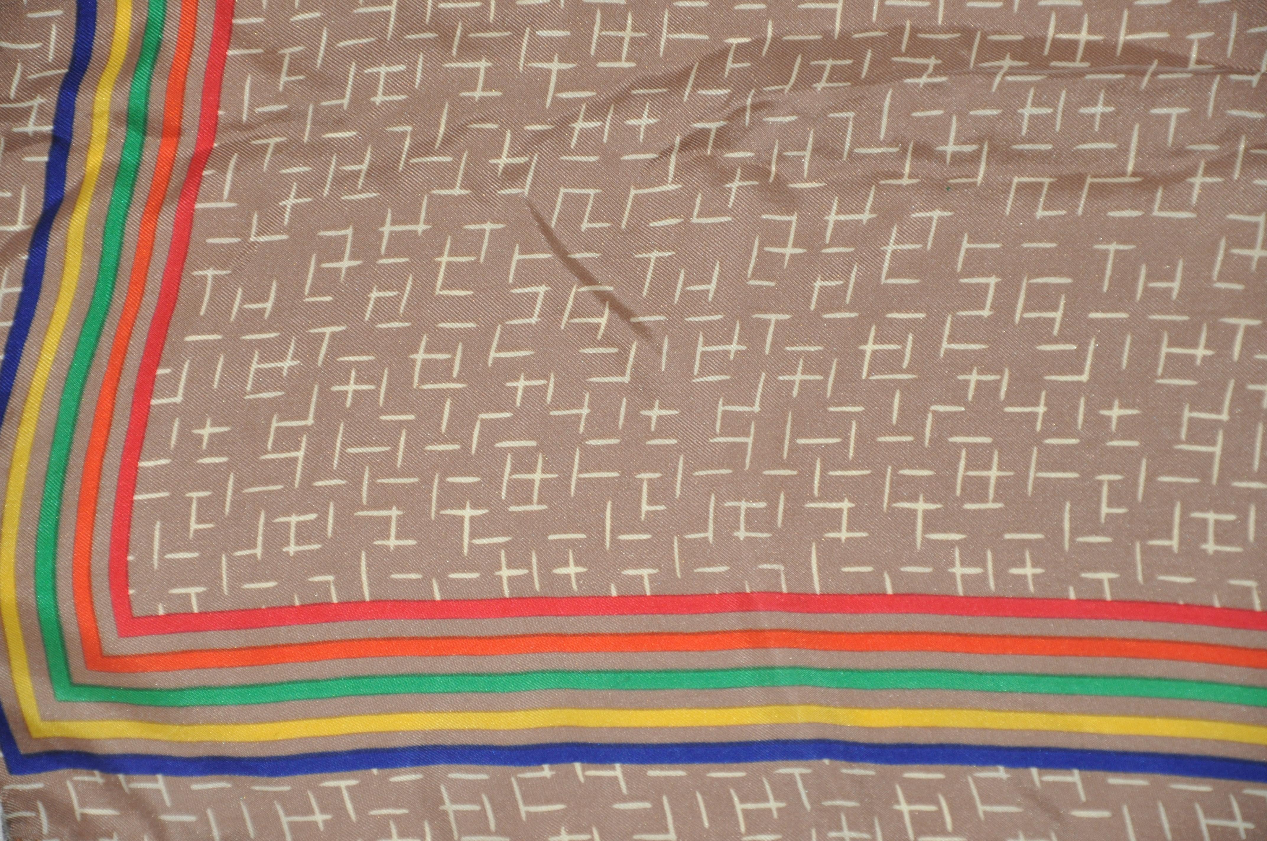 Brown Rare Iconic Bill Blass Taupe & Ivory with Rainbow Stripes Borders Silk Scarf For Sale