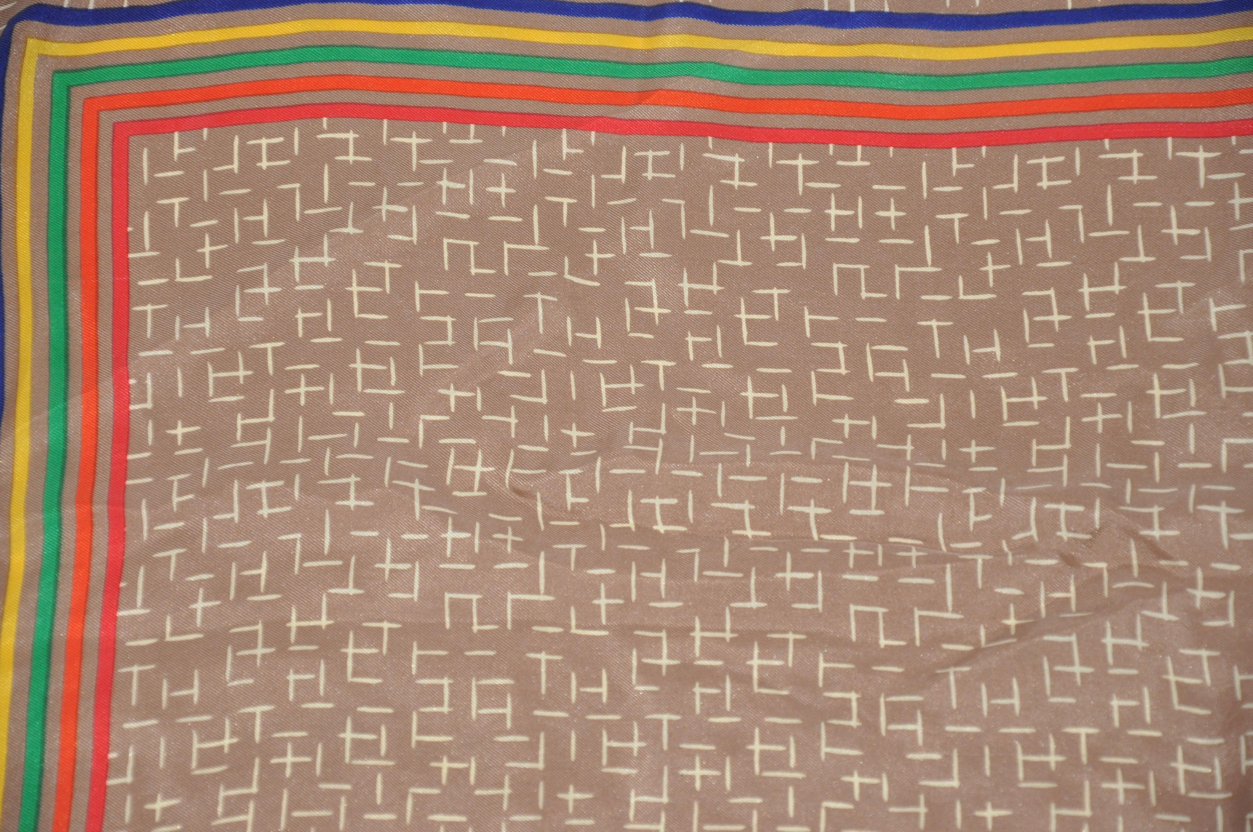 Rare Iconic Bill Blass Taupe & Ivory with Rainbow Stripes Borders Silk Scarf For Sale 1