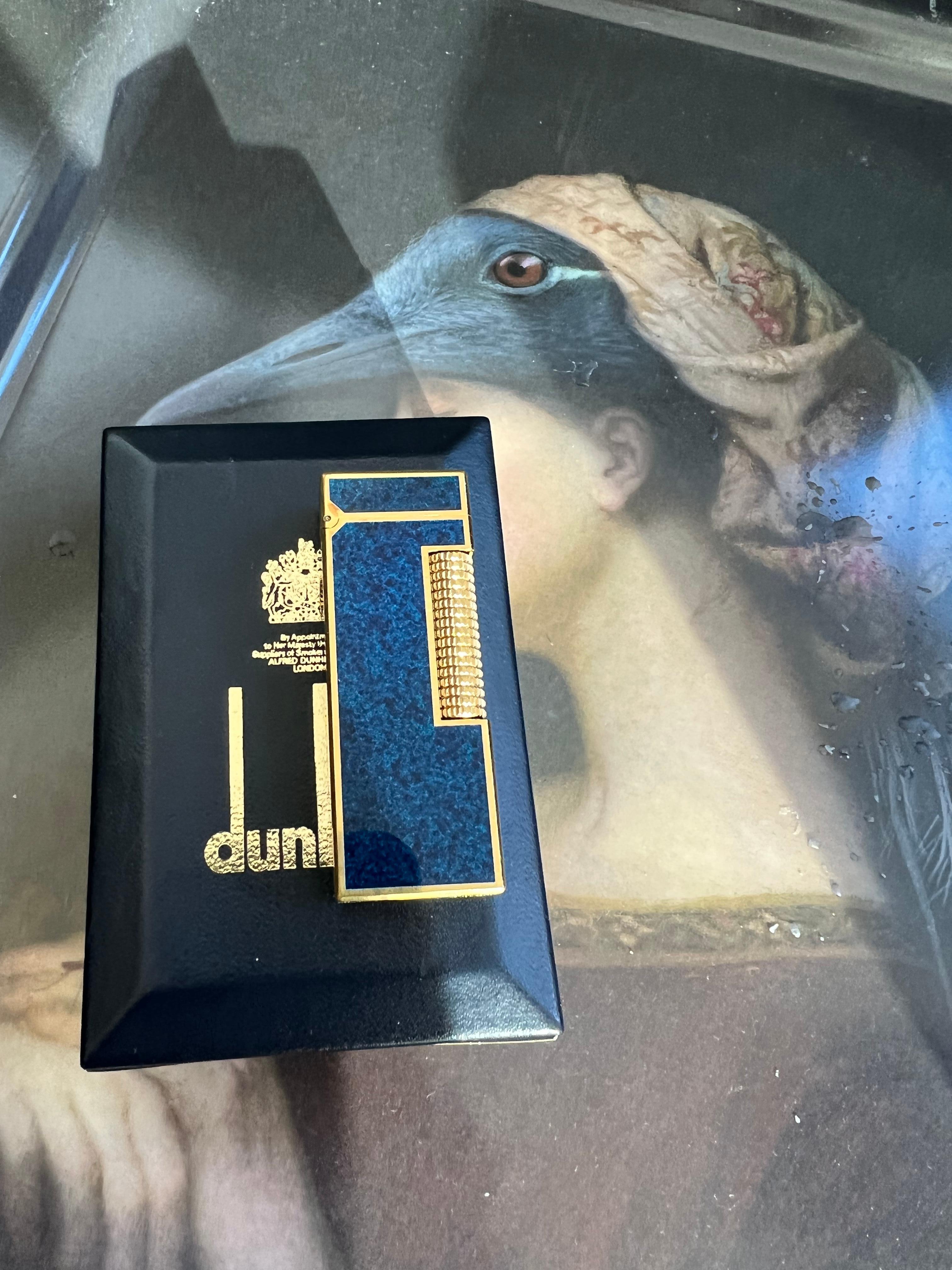 Rare Iconic Vintage Dunhill Gold Plated Dark Blue Lacquer Swiss Made Lighter In Excellent Condition In New York, NY