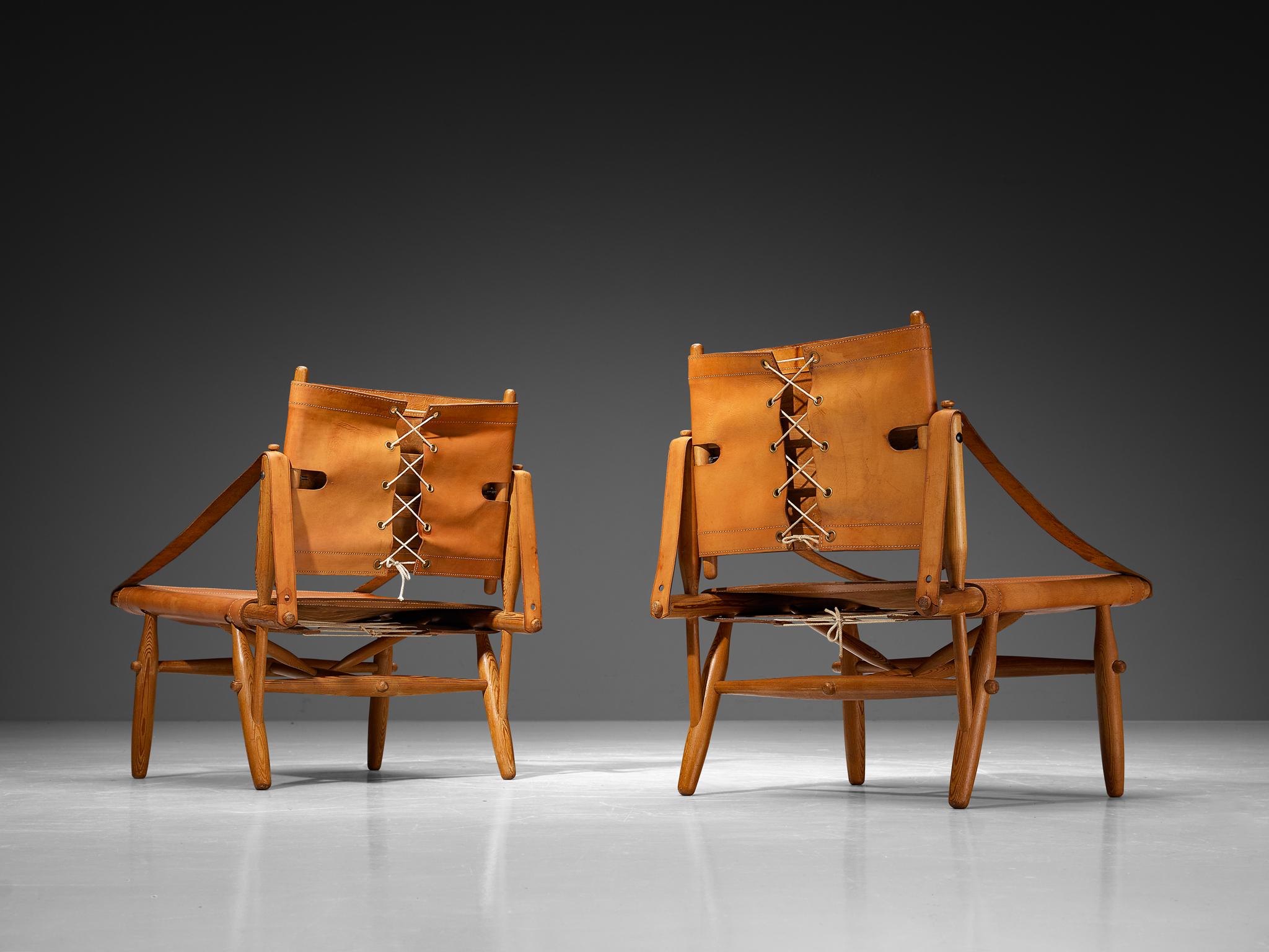 Finnish Rare Ilmari Tapiovaara for Lukkiseppo 'Chaco' Lounge Chairs Cognac Leather For Sale