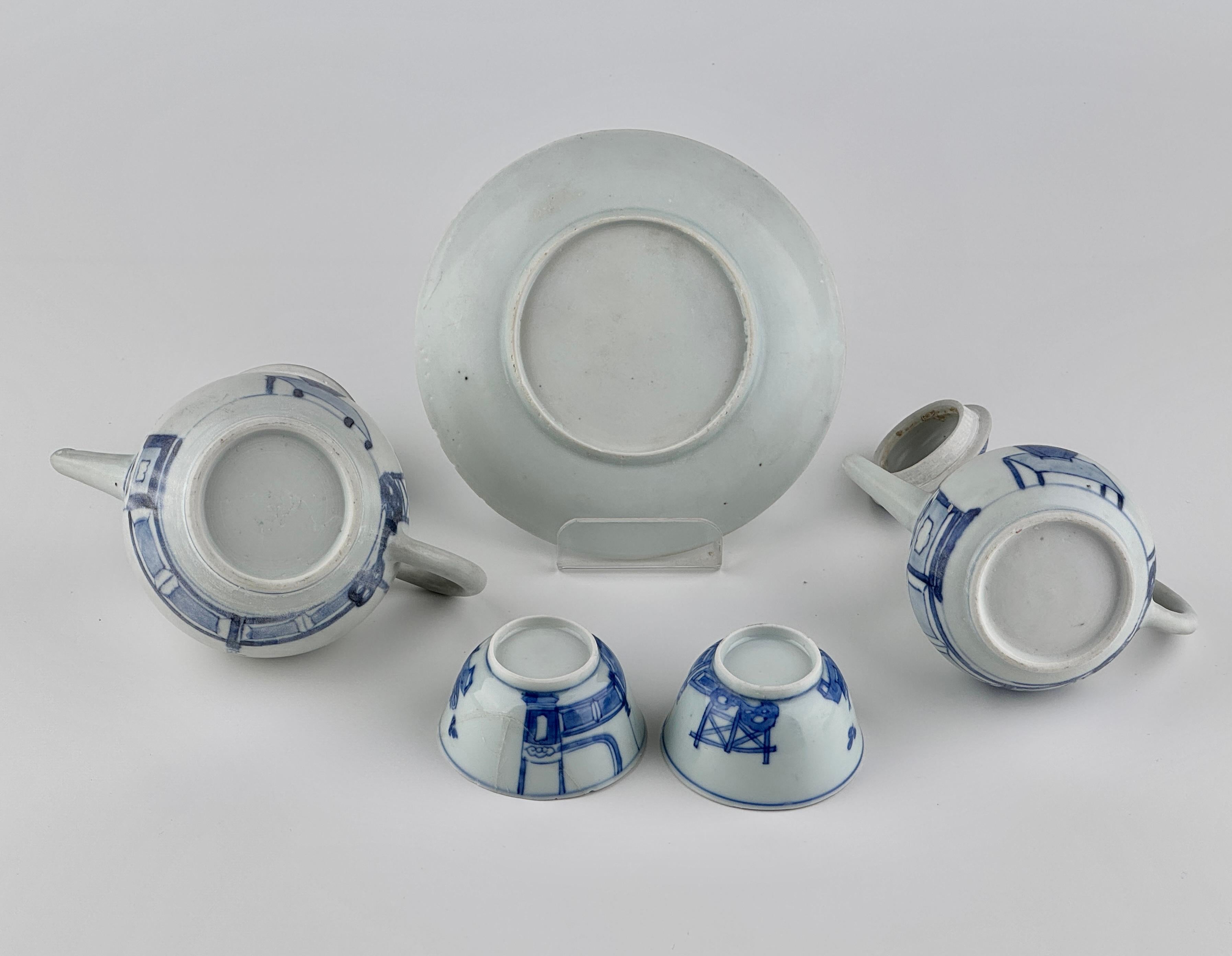 Rare 'Imari Pavilion' Blue And White Tea Set C 1725, Qing Dynasty, Yongzheng Era For Sale 5