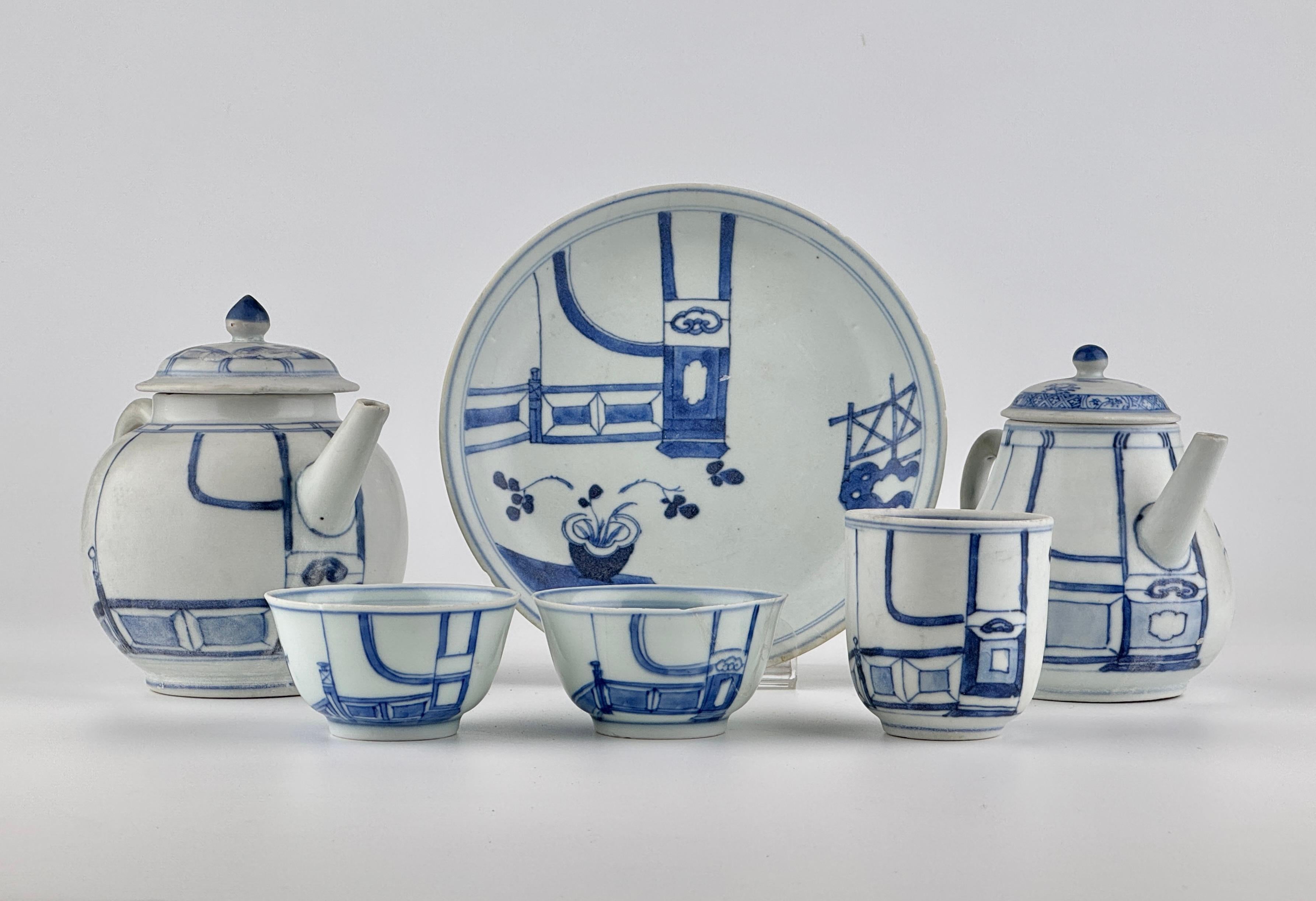 Vietnamese Rare 'Imari Pavilion' Blue And White Tea Set C 1725, Qing Dynasty, Yongzheng Era For Sale