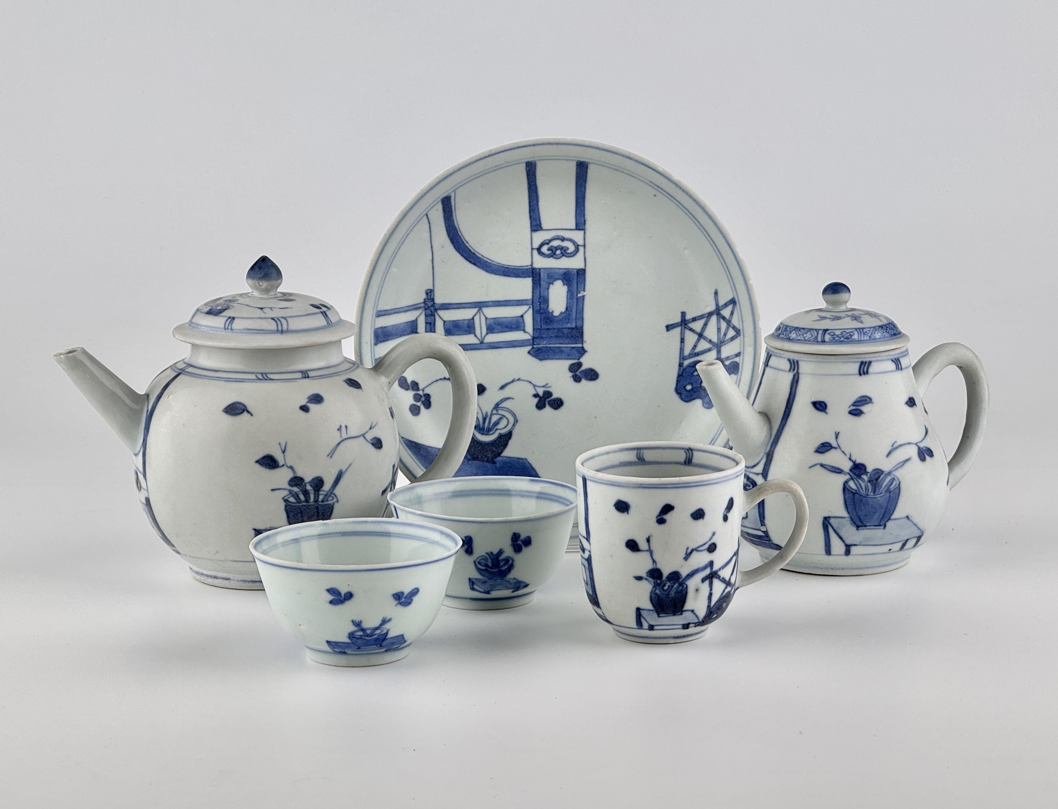 Glazed Rare 'Imari Pavilion' Blue And White Tea Set C 1725, Qing Dynasty, Yongzheng Era For Sale