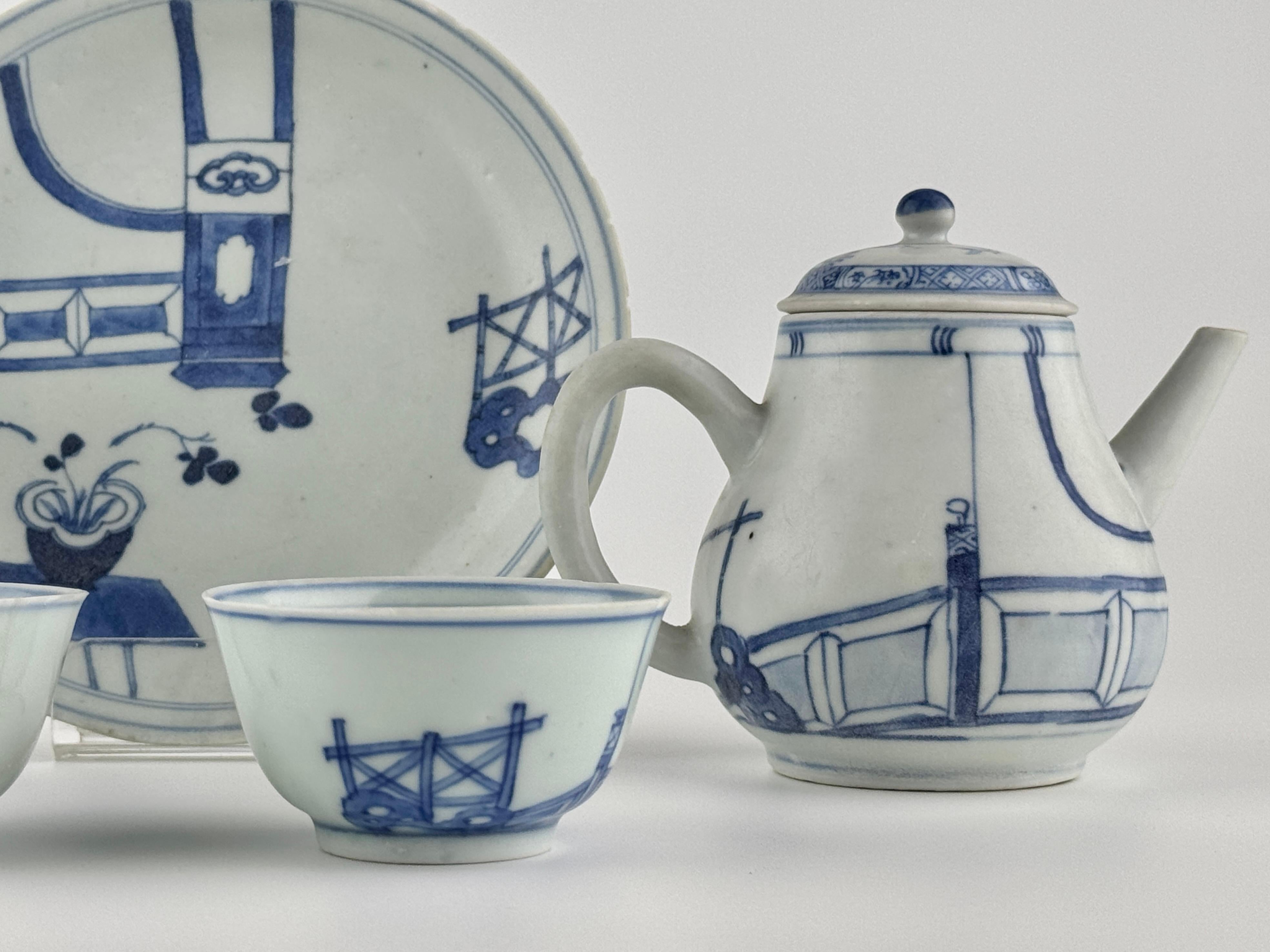 18th Century and Earlier Rare 'Imari Pavilion' Blue And White Tea Set C 1725, Qing Dynasty, Yongzheng Era For Sale