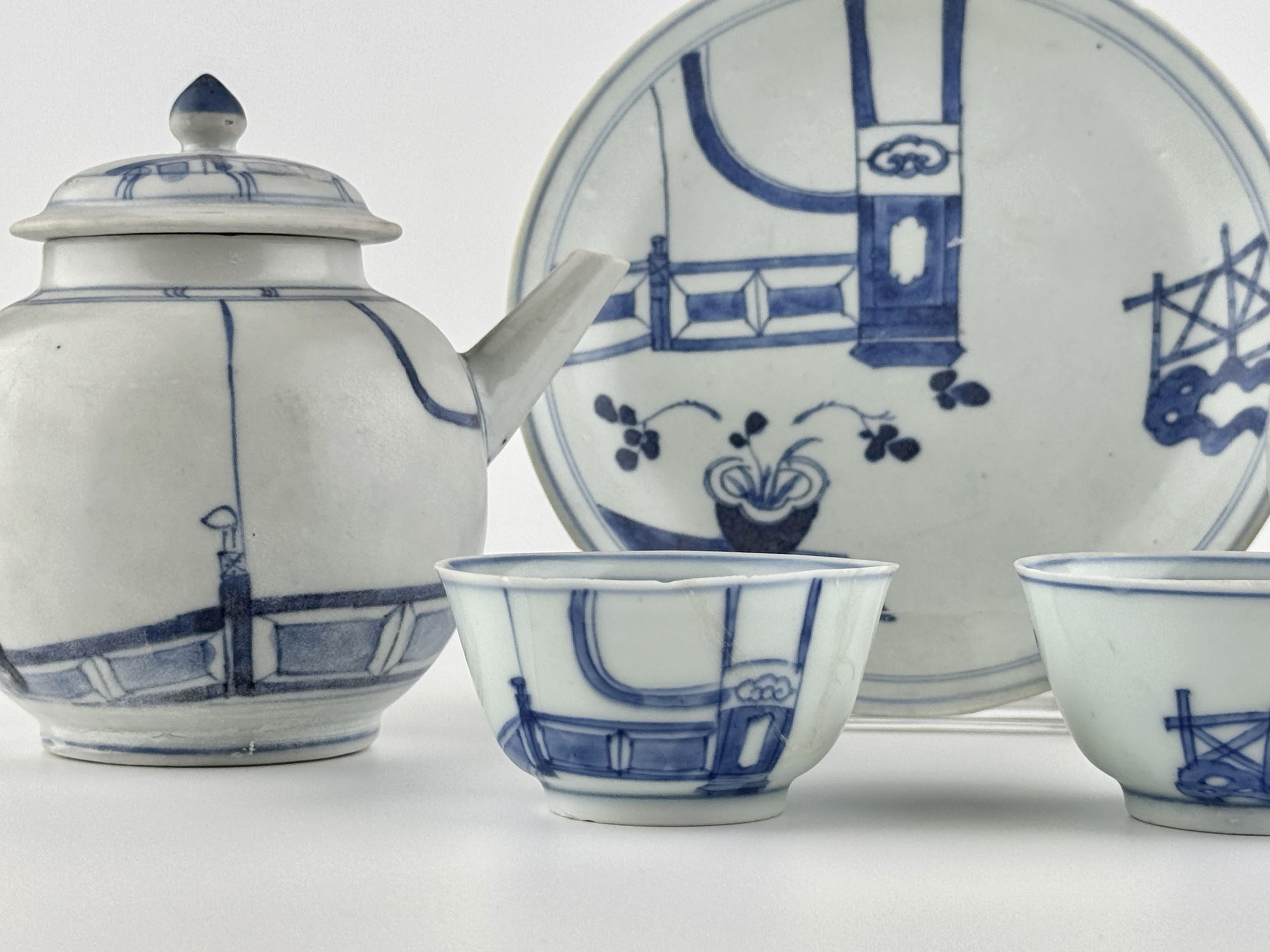 Rare 'Imari Pavilion' Blue And White Tea Set C 1725, Qing Dynasty, Yongzheng Era For Sale 2