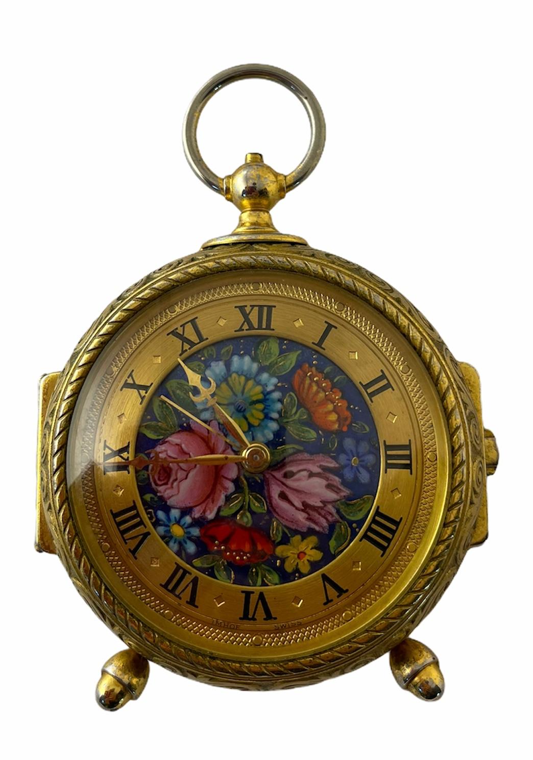 Rare IMHOF Bronze Enamel Alarm Travel Clock For Sale 1