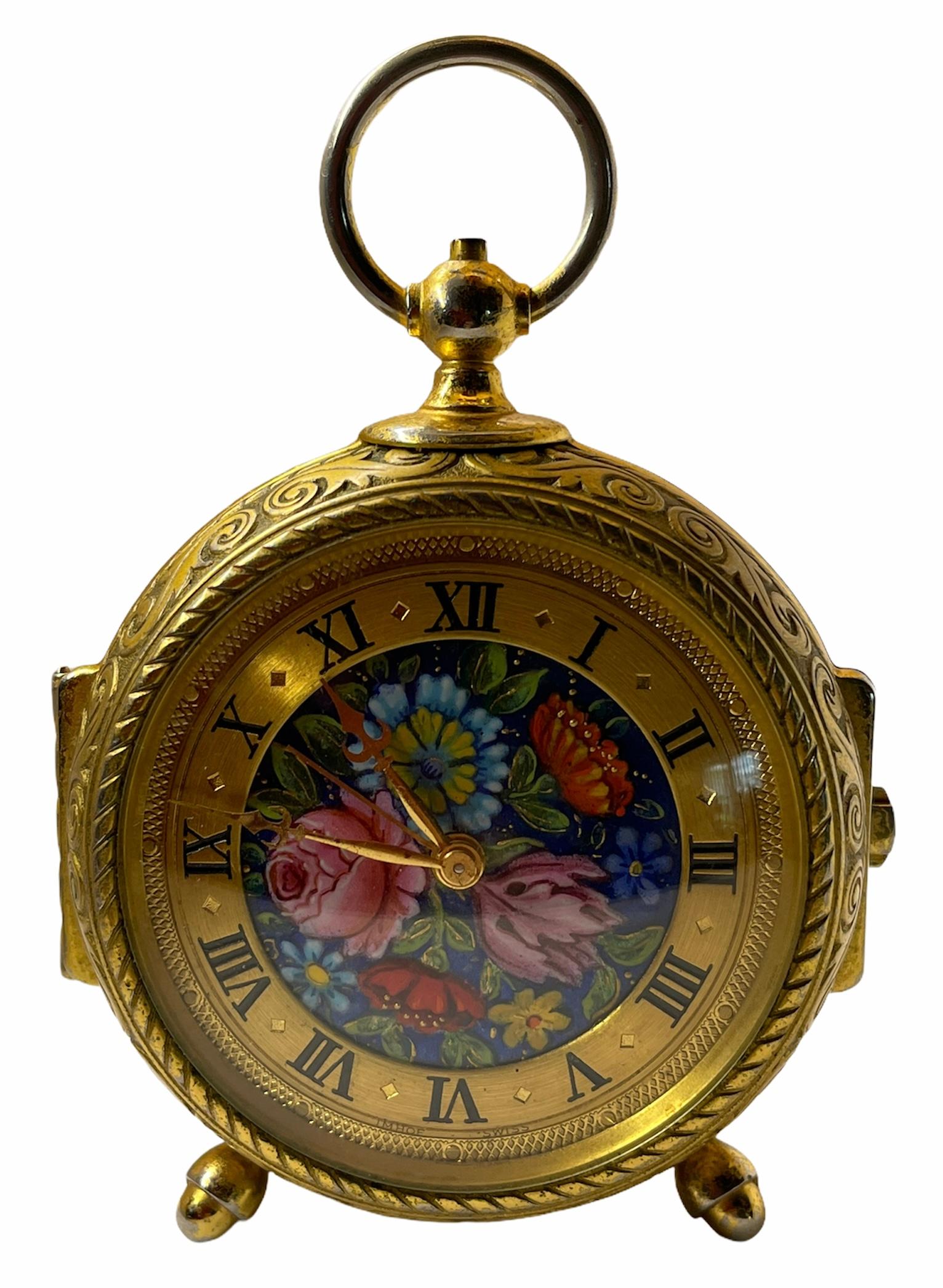 Embossed Rare IMHOF Bronze Enamel Alarm Travel Clock For Sale