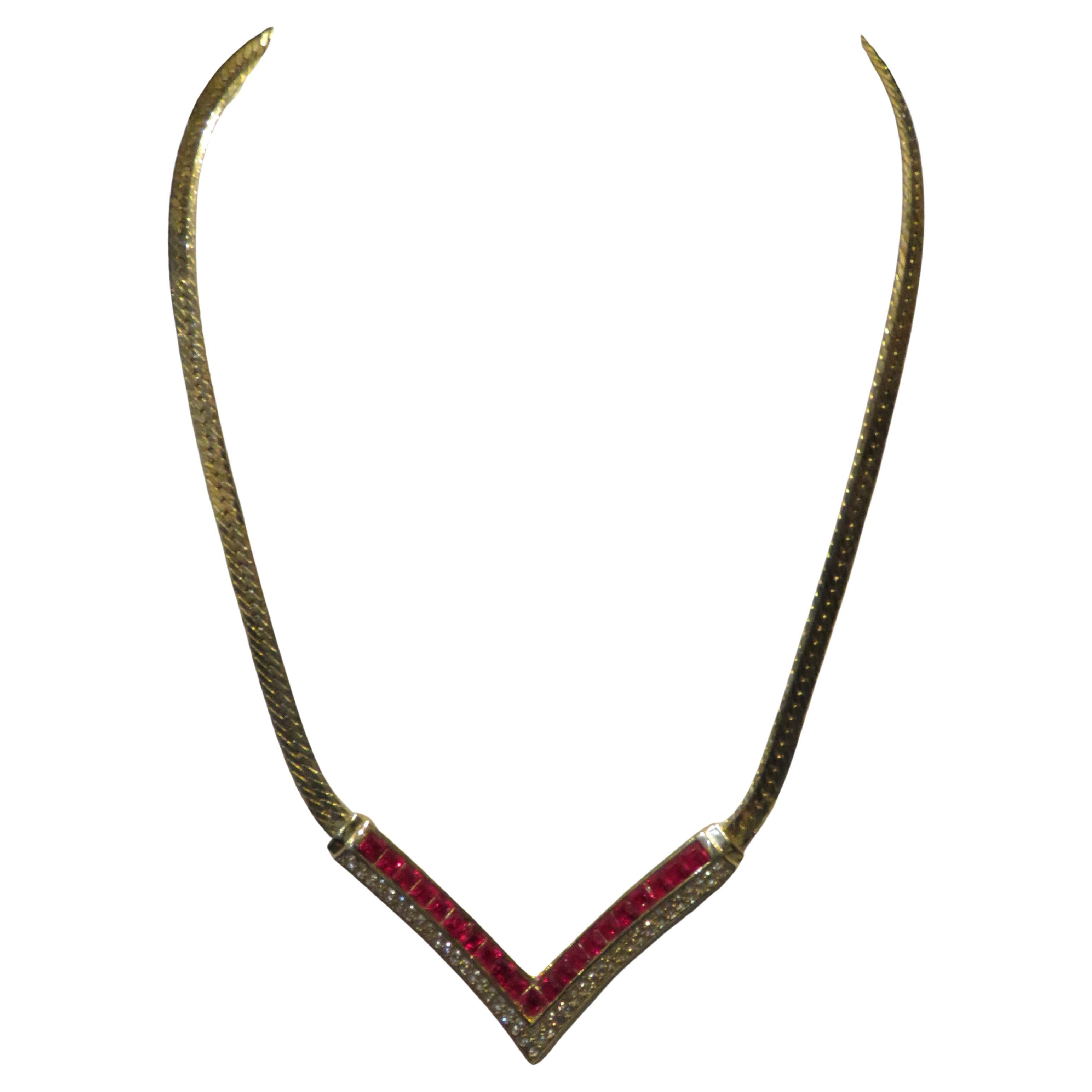 Rare Important 18KT Overlaid Gold Gorgeous Princess Cut Synthetic Ruby Necklace For Sale