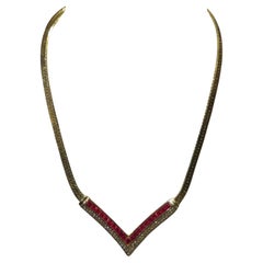 Rare Important 18KT Overlaid Gold Gorgeous Princess Cut Synthetic Ruby Necklace