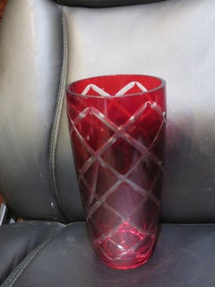 RARE Important 1900s Large Etched Diamond Cut Ruby Red Etched Crystal Vase