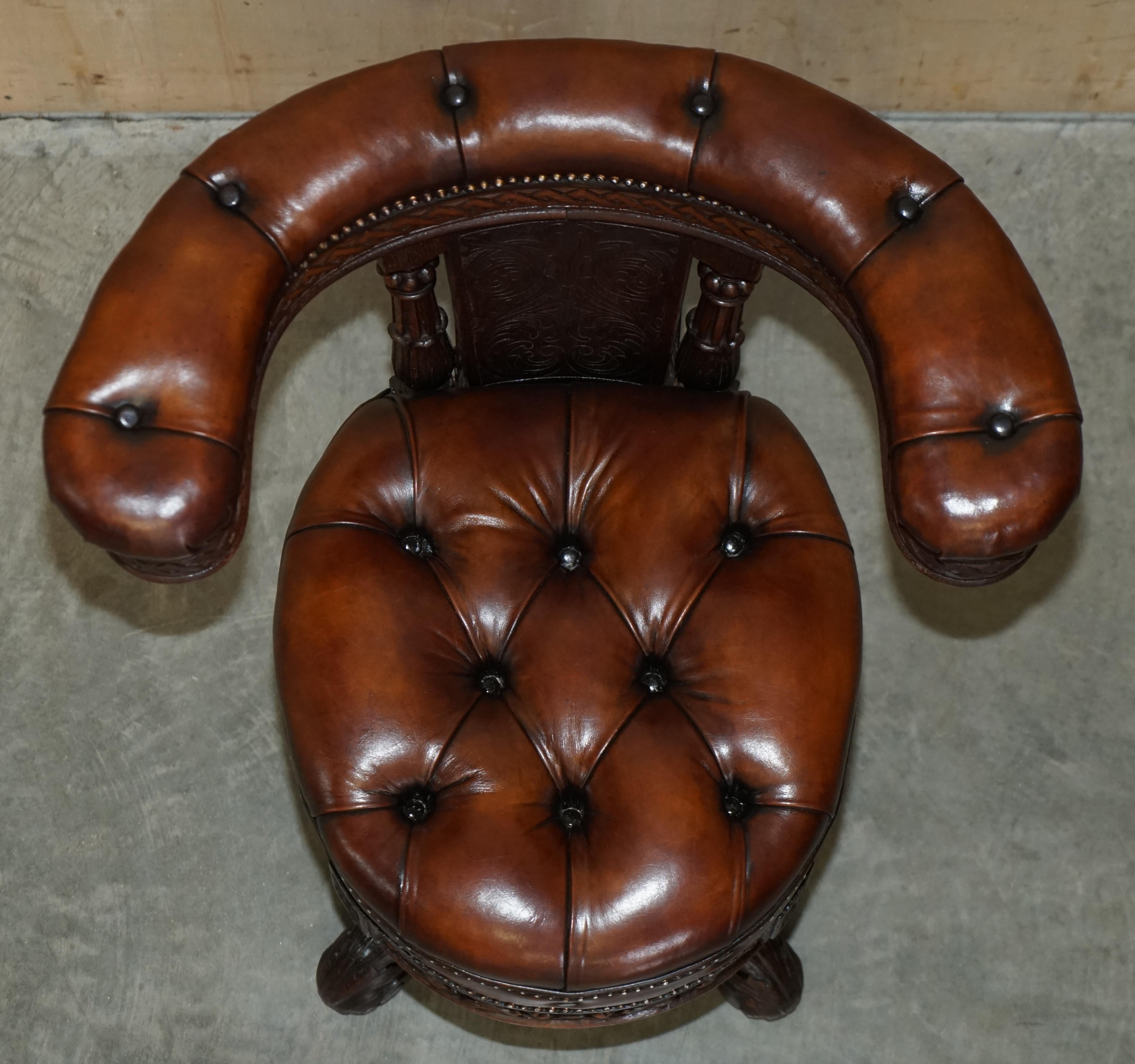 Rare Important Antique 1830 Carved Cockfighting Chesterfield Brown Leather Chair 4