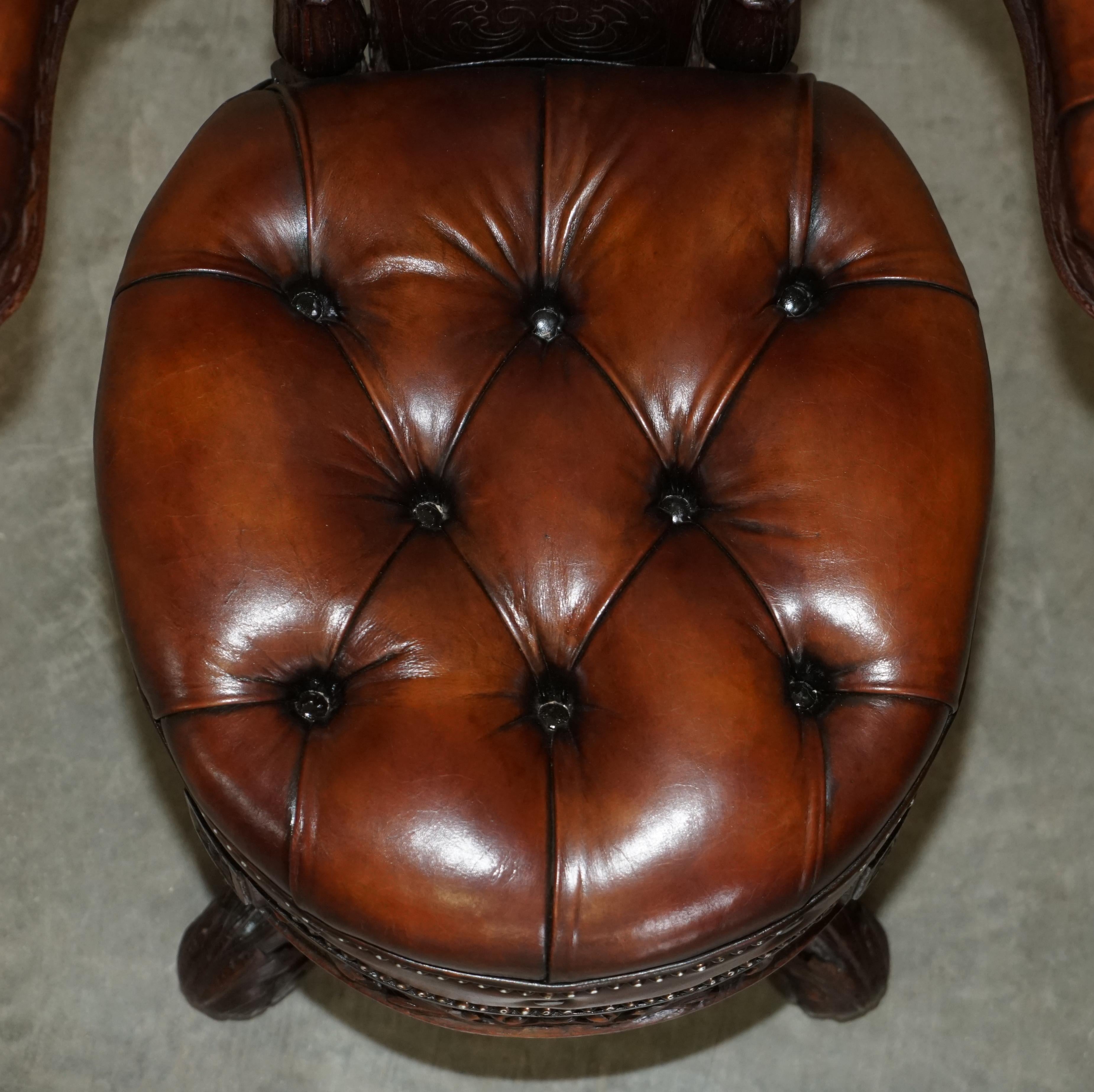Rare Important Antique 1830 Carved Cockfighting Chesterfield Brown Leather Chair 5