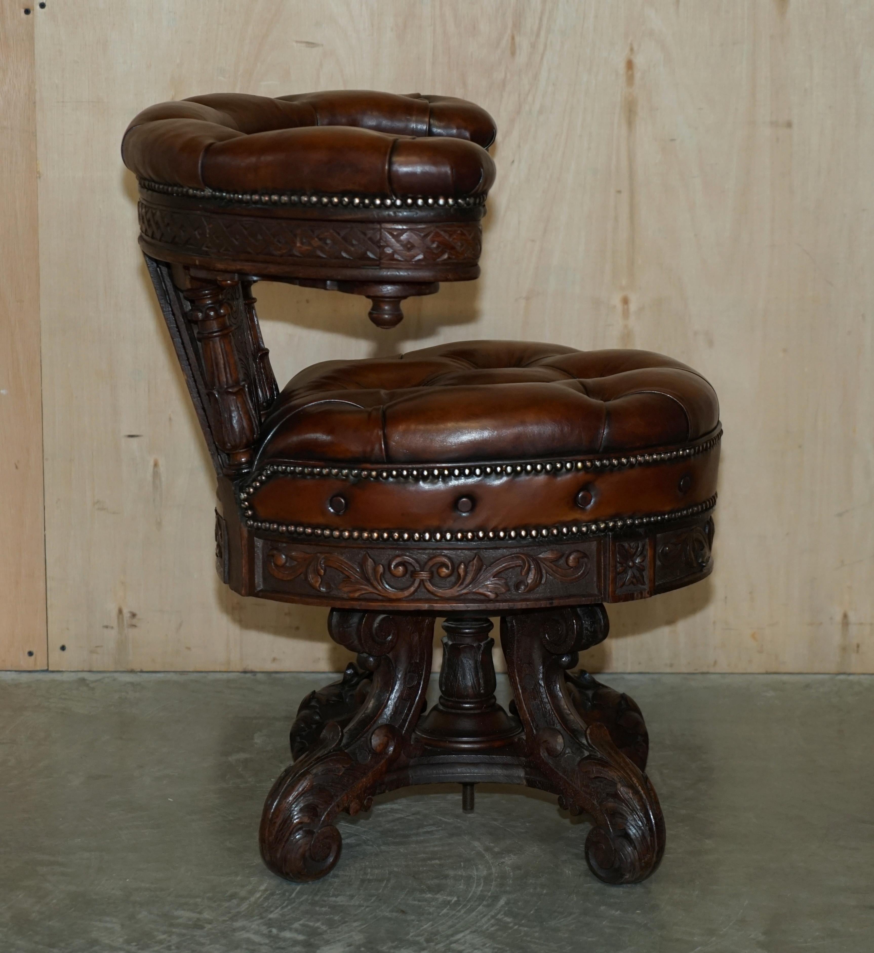Rare Important Antique 1830 Carved Cockfighting Chesterfield Brown Leather Chair 6