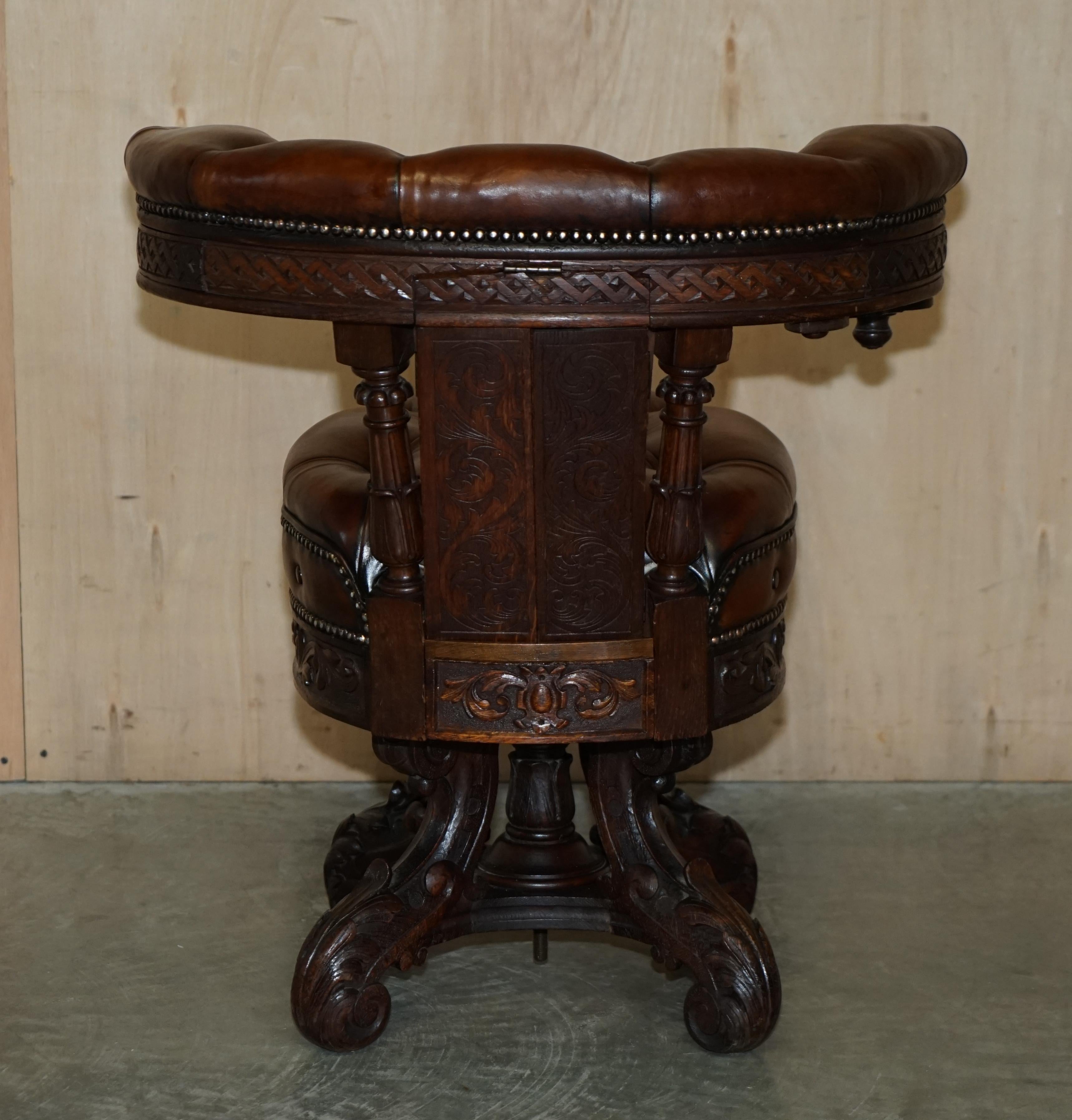 Rare Important Antique 1830 Carved Cockfighting Chesterfield Brown Leather Chair 7