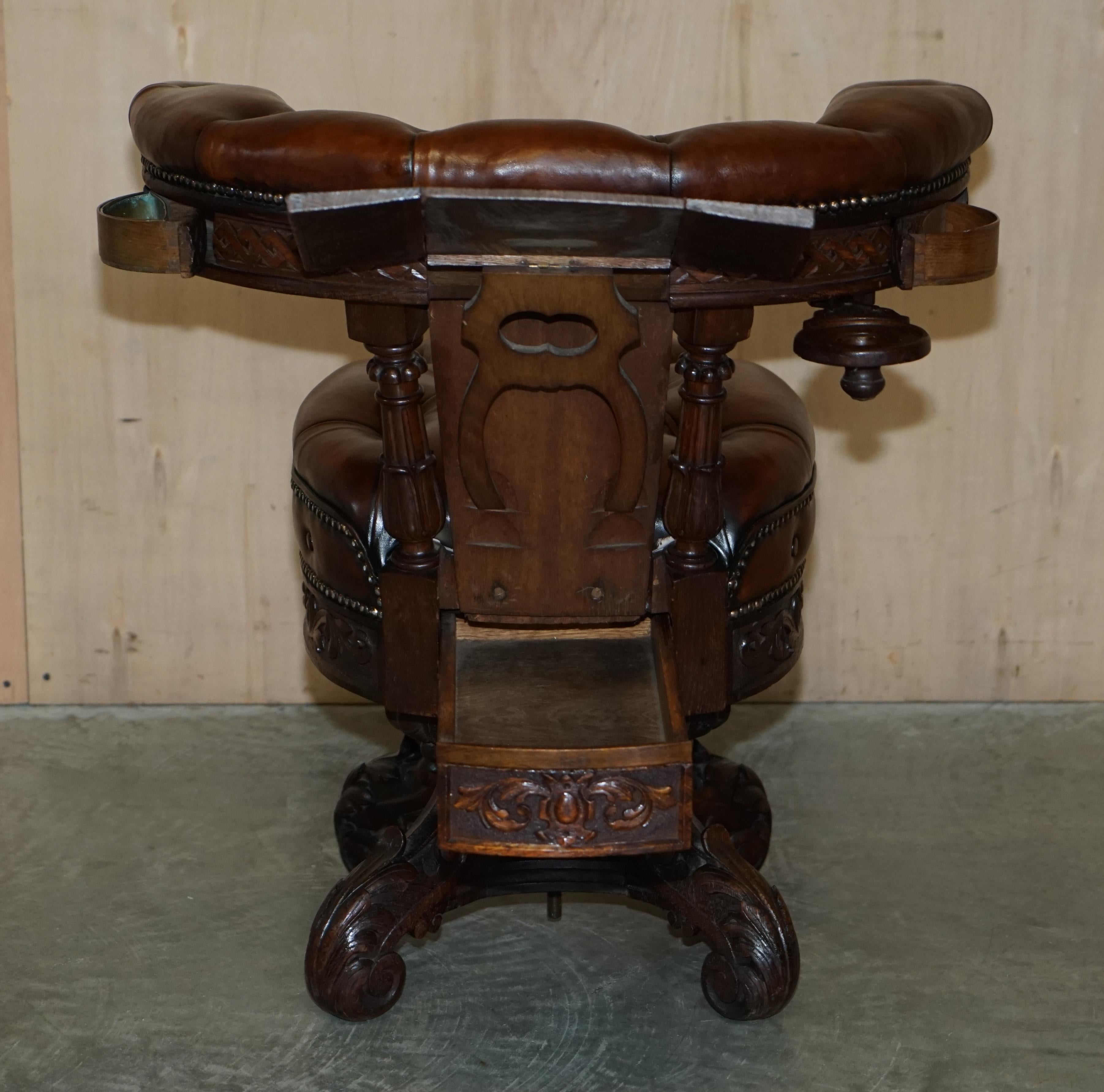 Rare Important Antique 1830 Carved Cockfighting Chesterfield Brown Leather Chair 10