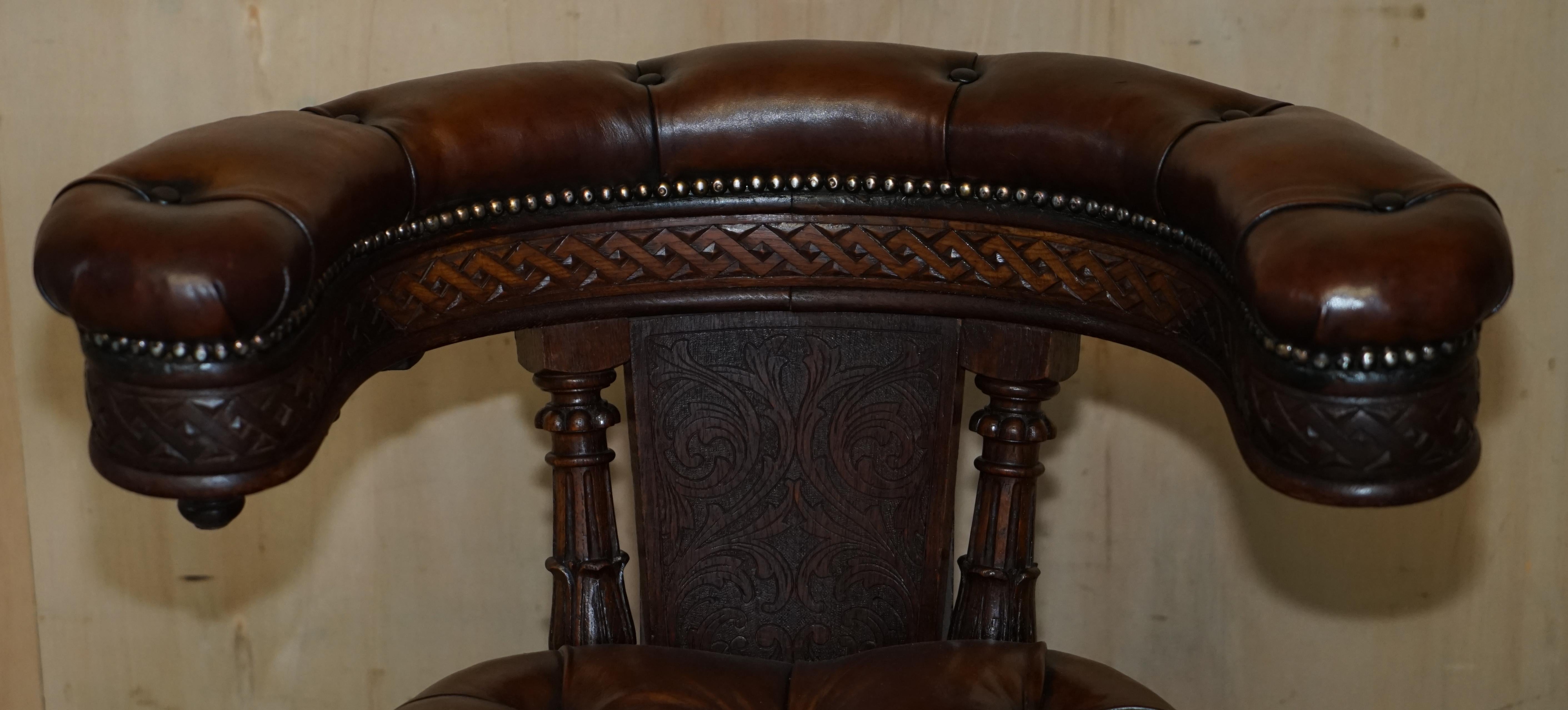 English Rare Important Antique 1830 Carved Cockfighting Chesterfield Brown Leather Chair