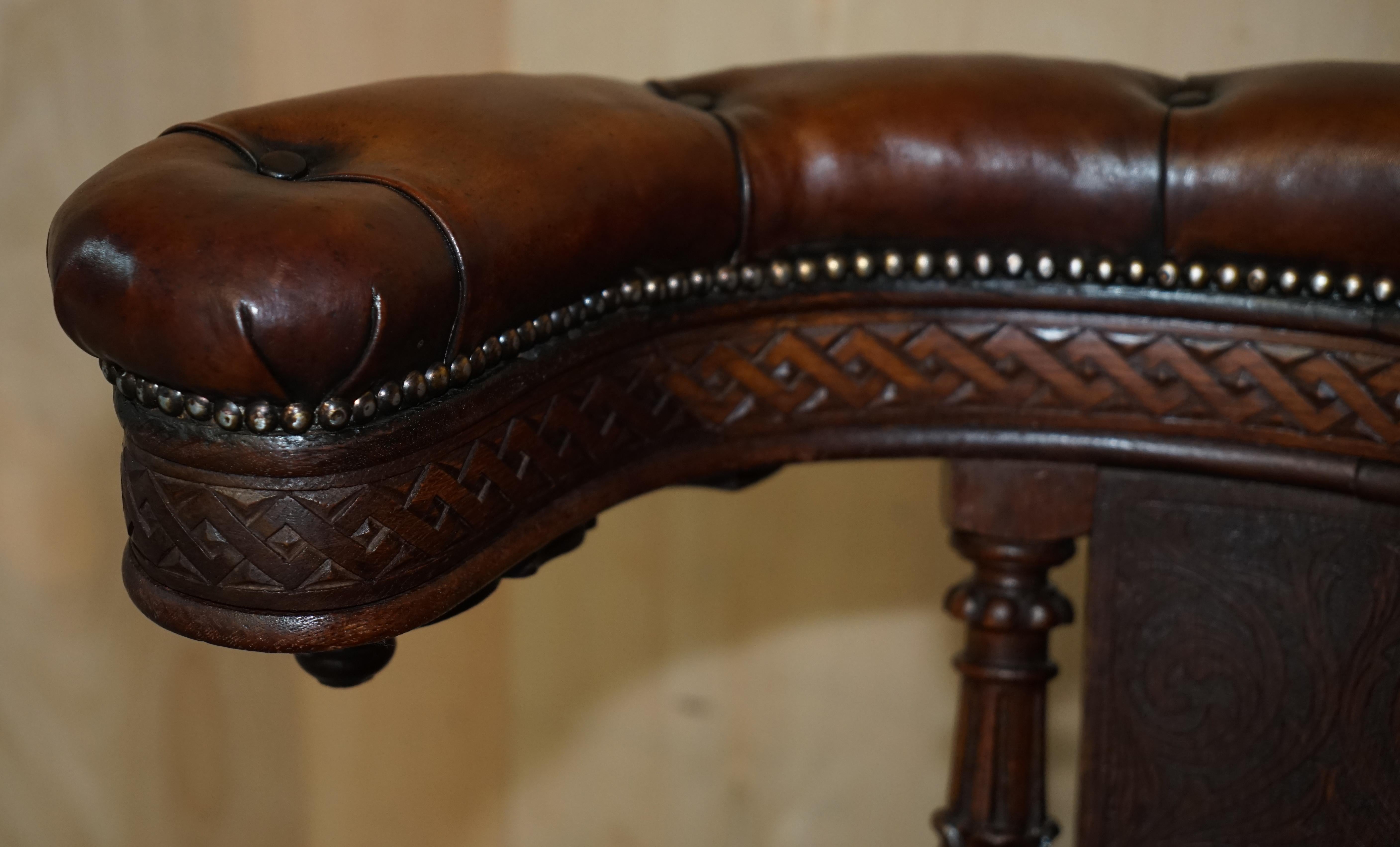 Mid-19th Century Rare Important Antique 1830 Carved Cockfighting Chesterfield Brown Leather Chair