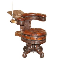 Rare Important Antique 1830 Carved Cockfighting Chesterfield Brown Leather Chair