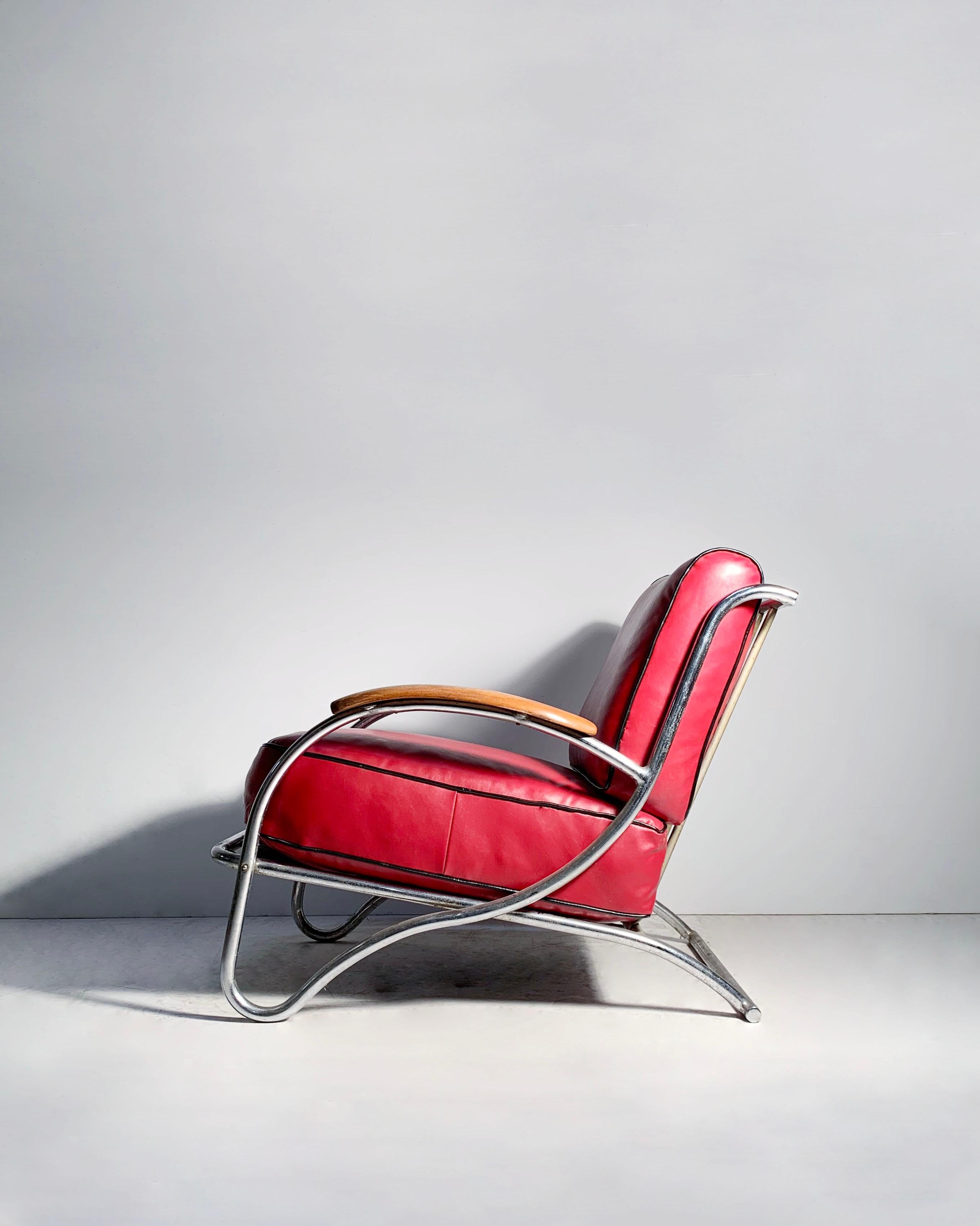 Rare Important Design Art Deco Lounge Chair by Kem Weber for Lloyd. All original in as found condition. Original Red Upholstery.  