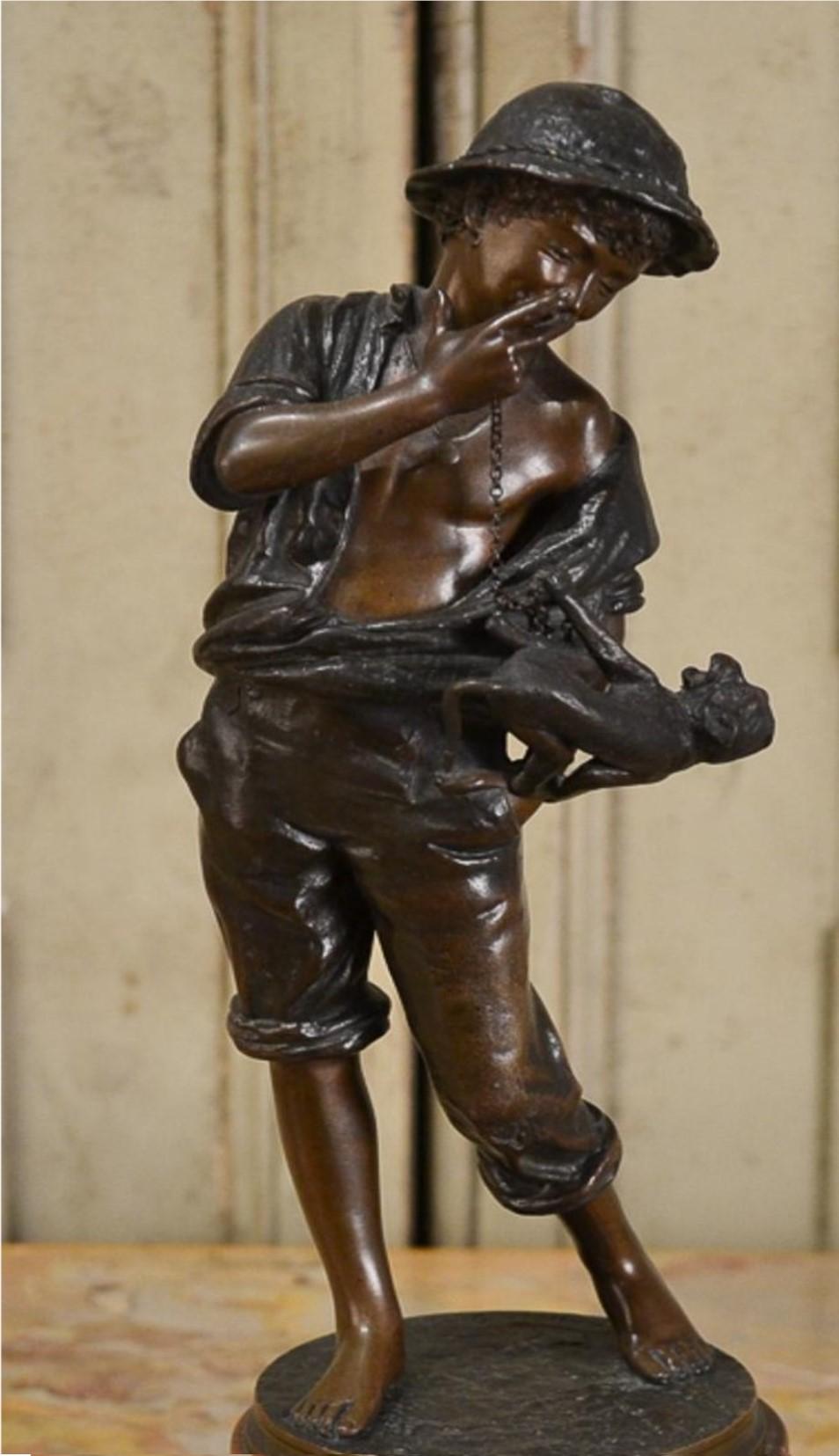 An Exquisite and Beautiful Museum Quality Estate Bronze boy holding monkey. The Bronze with a mid brown patina, depicting the young boy with the monkey hanging from his shirt, on circular base signed Wegener 94, and inscribed H. Gladenbeck & sohn,