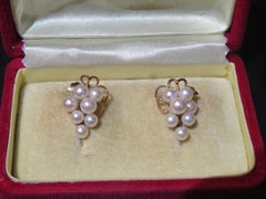 Rare Important C 1950s 14KT Gold Japanese Fuji Pearl Cluster Grape Earrings