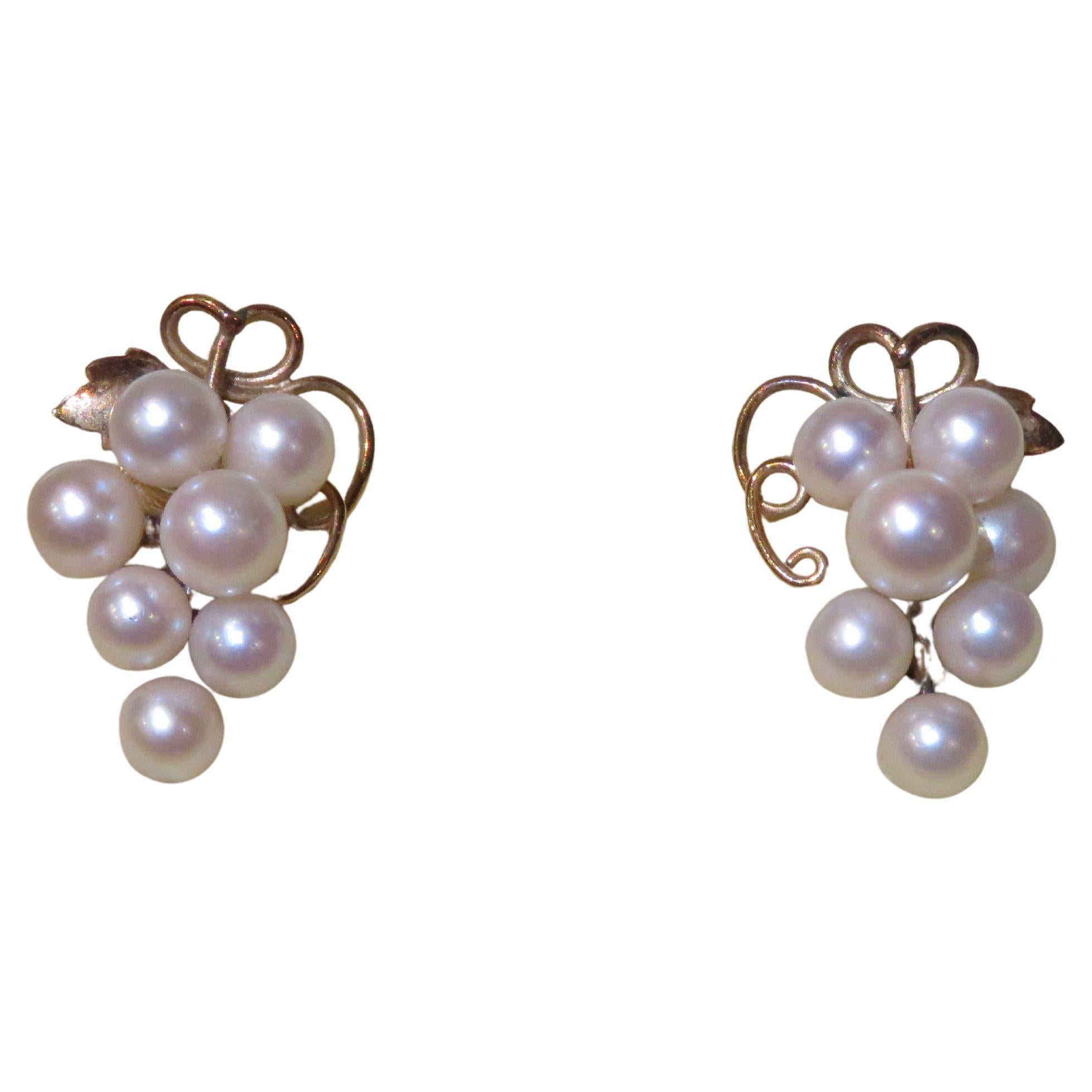 Raro Importante C 1950s 14KT Oro Japonés Fuji Pearl Cluster Grape Pendientes en venta