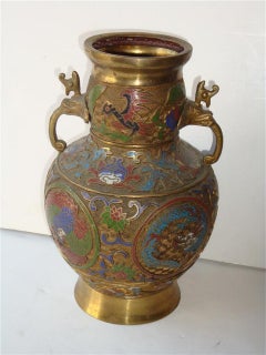 Rare Important Estate Bronze Handpainted Cloisonne Urn with Handles