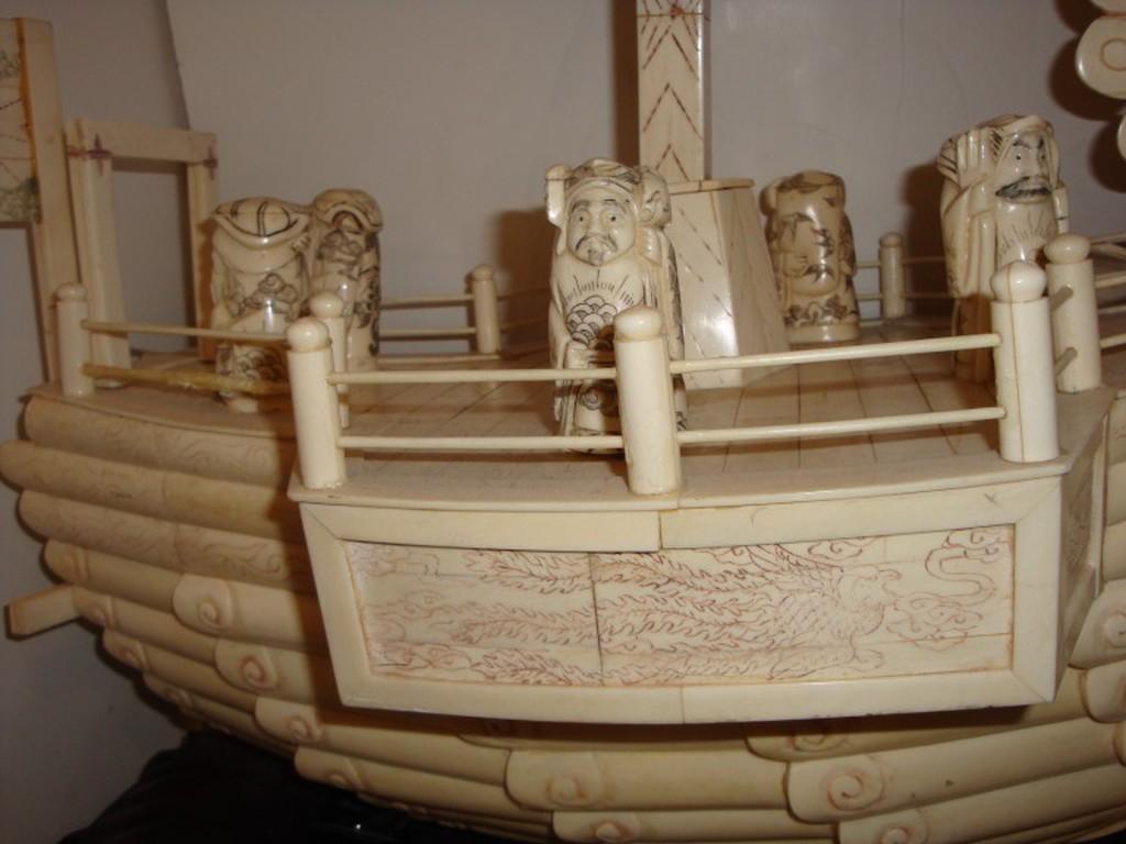 Women's Rare Important Estate Genuine Bone Boat with 7 HAPPY G-ds with Cabochon Stones For Sale