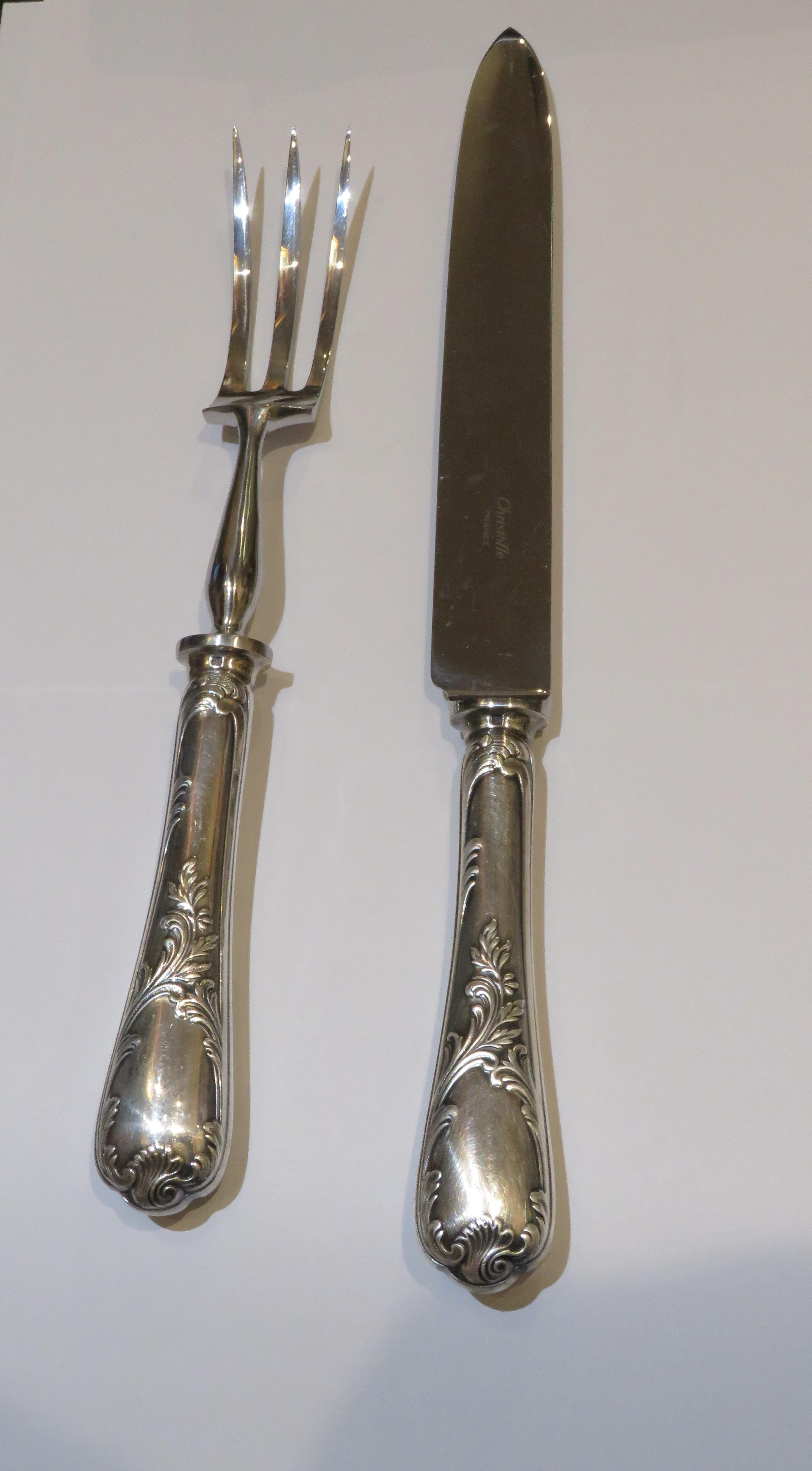 The Following Items we are offering is an Outstanding Pair of Beautiful Rare Set of 2 Christofle Silver Carving Knife and Fork Pieces. Taken out of an Important Park Avenue New York City Estate.