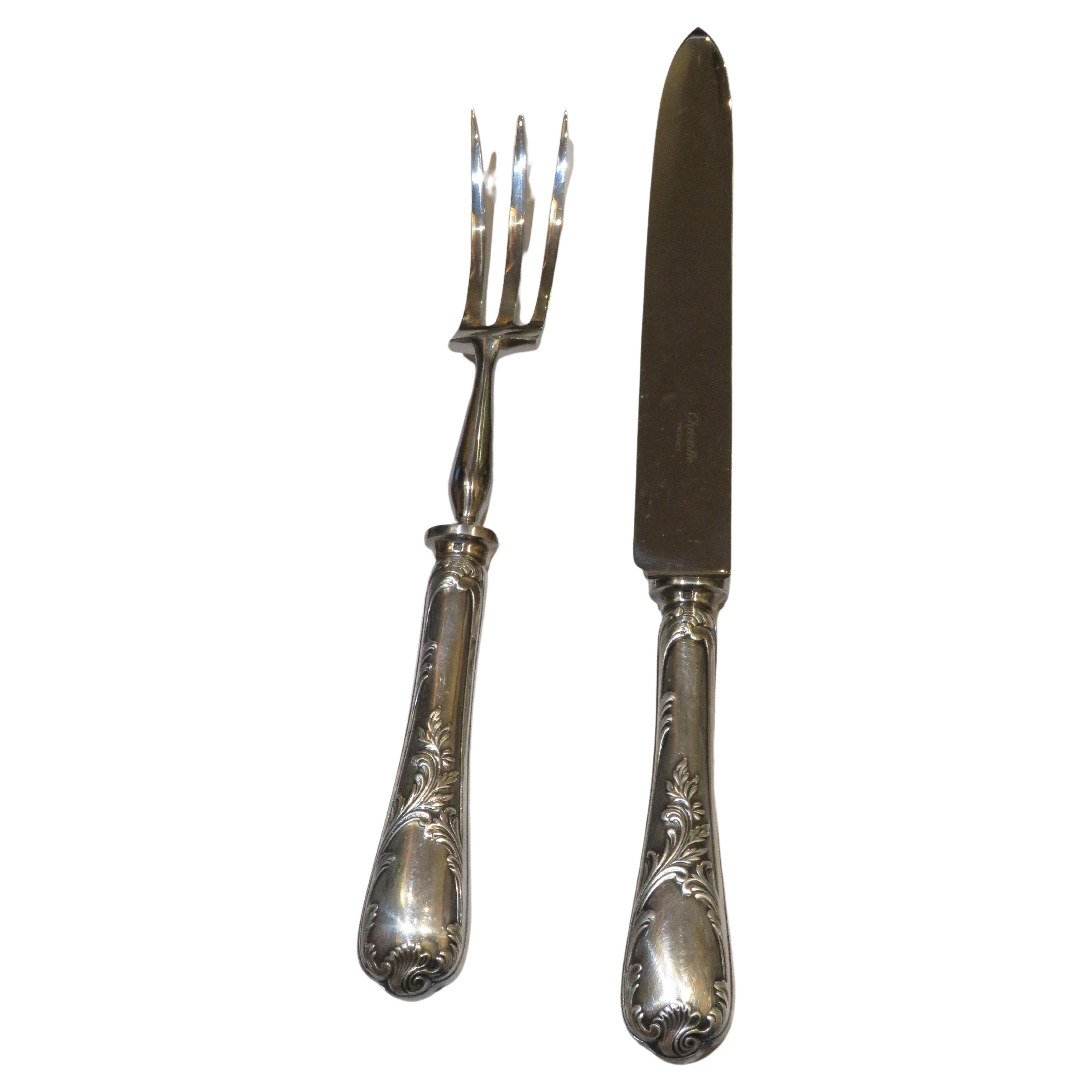 Rare Important Estate Silver Christofle Carving Knife and Carving Fork For Sale