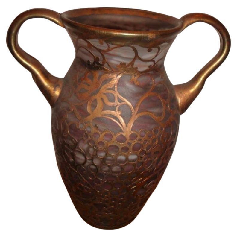 Rare Important European Colored Glass Metallic Overlay Vase from Florida Estate