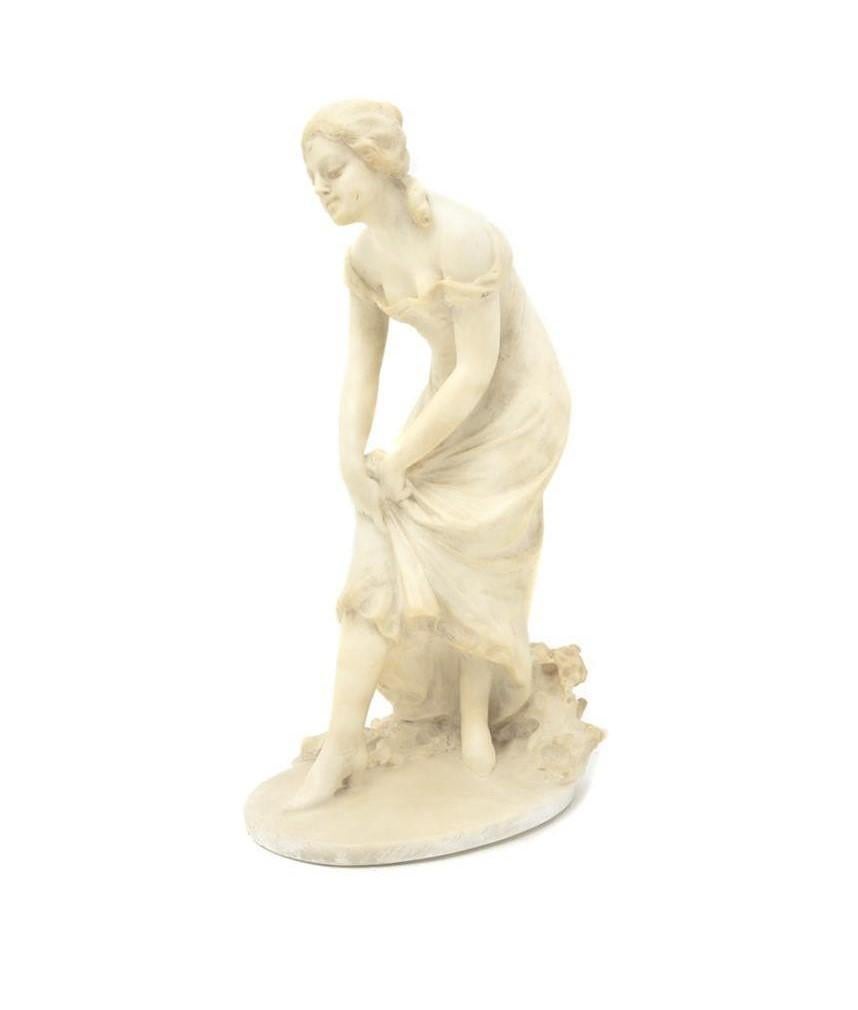 The Following Item is An Outstanding Fine Patinaed Beautiful Estate Alabaster Figure of a Beautiful Woman Holding Her Dress. Signed on Base 