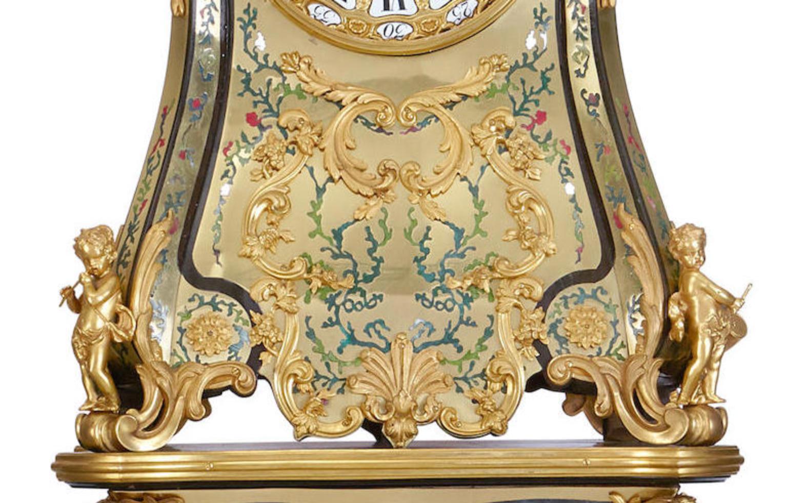Seltene bedeutende französische Boulle-Intarsienuhr aus vergoldeter Bronze im Louis XIV.-Stil mit Intarsien aus Bronze im Angebot 2