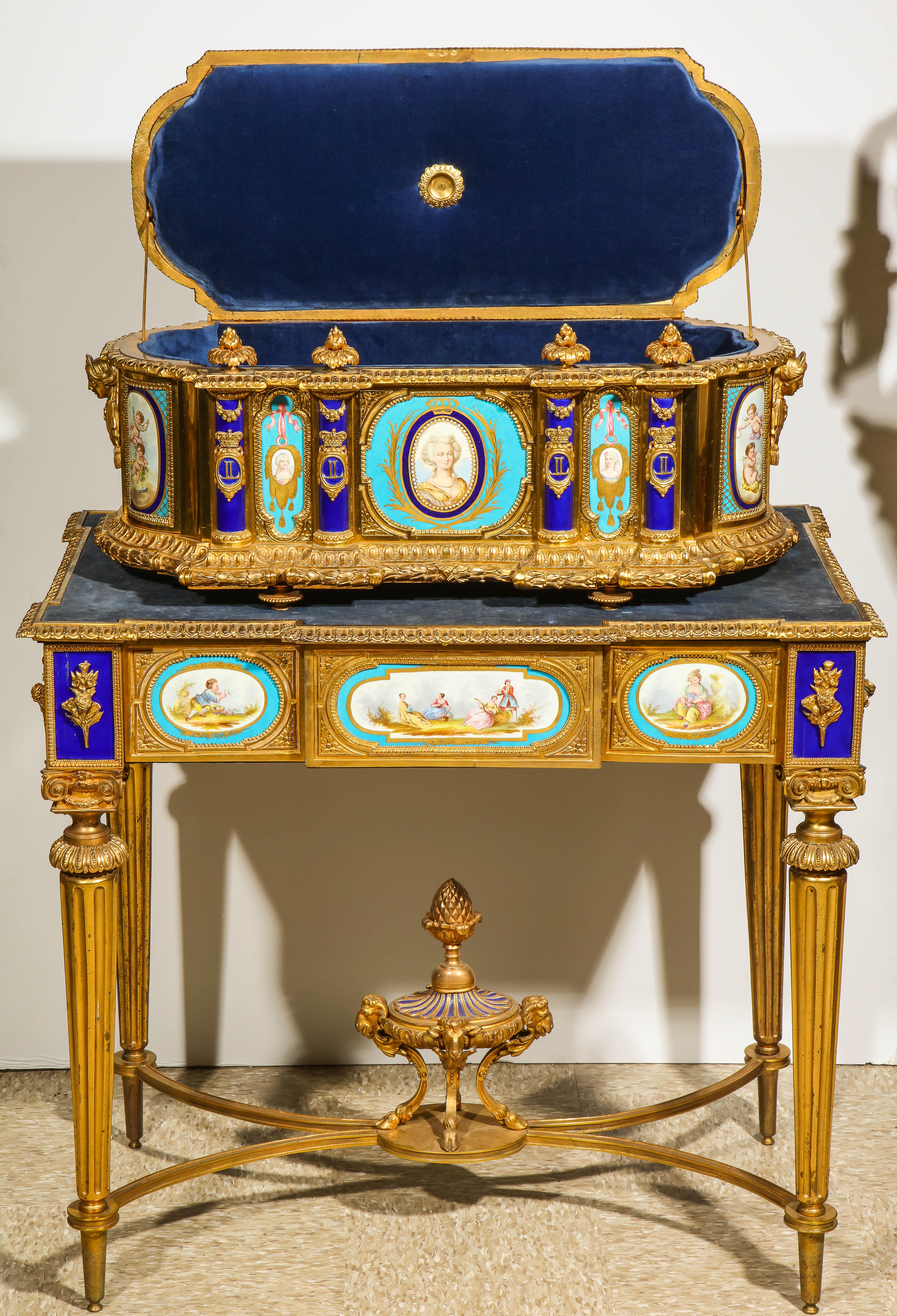 Important, Rare French Ormolu Sevres Style Porcelain Jewelry Box on Bronze Table For Sale 5