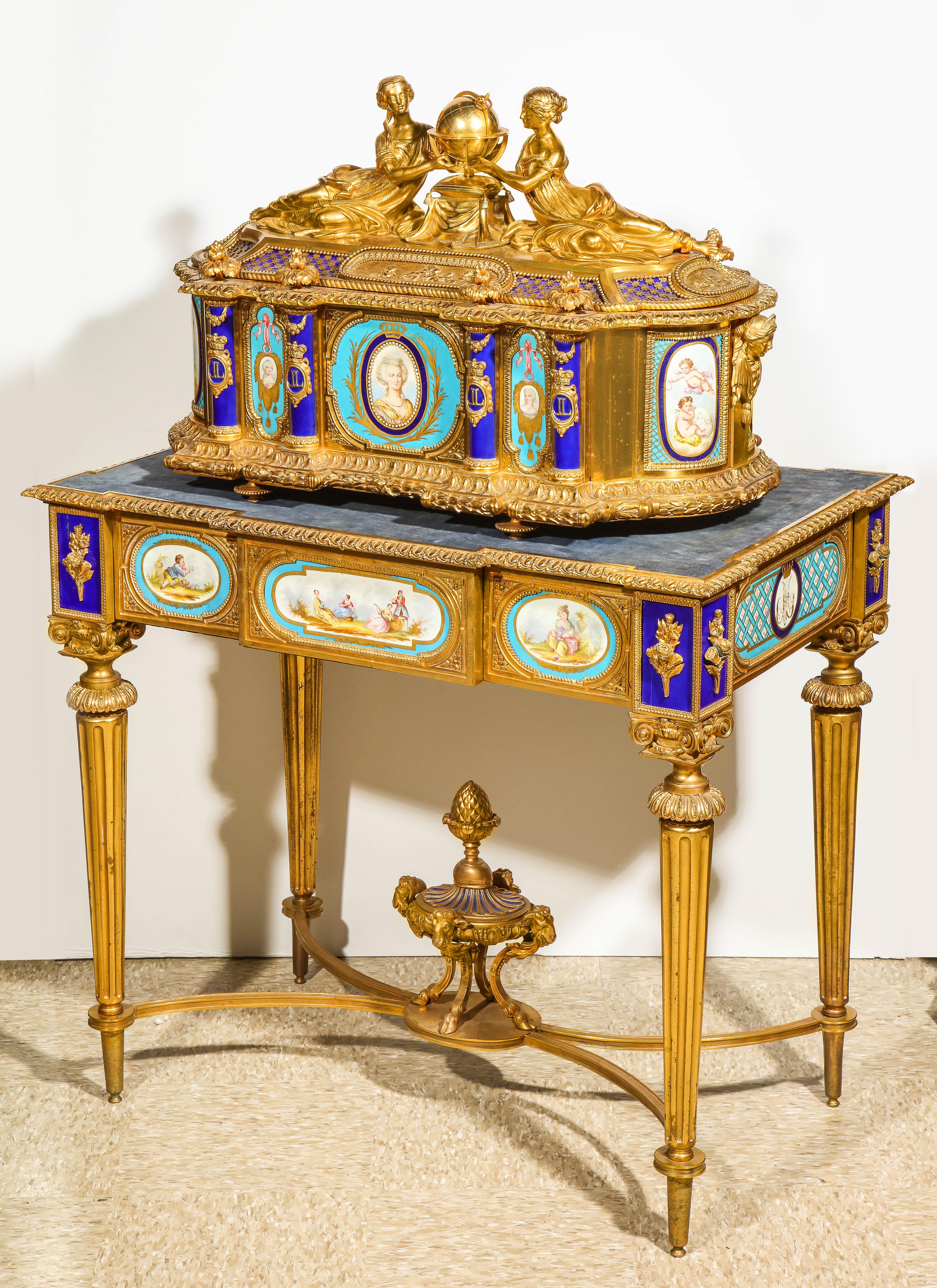 Important, Rare French Ormolu Sevres Style Porcelain Jewelry Box on Bronze Table For Sale 10