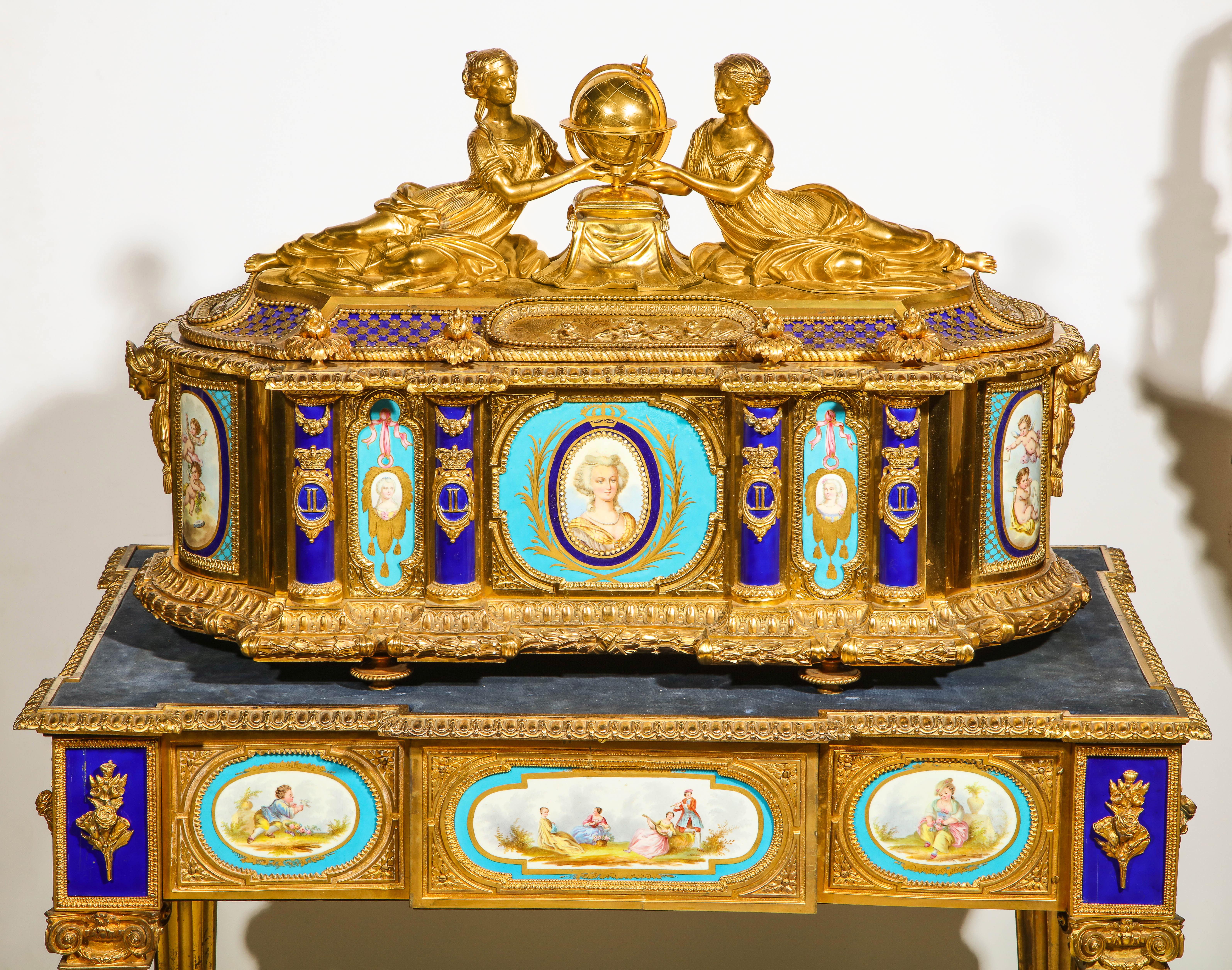 Important, Rare French Ormolu Sevres Style Porcelain Jewelry Box on Bronze Table For Sale 1