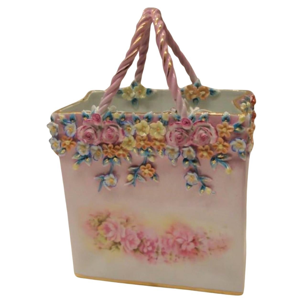 Rare Important Gorgeous Sevres / Dresden Style Porcelain Floral Shopping Bag For Sale