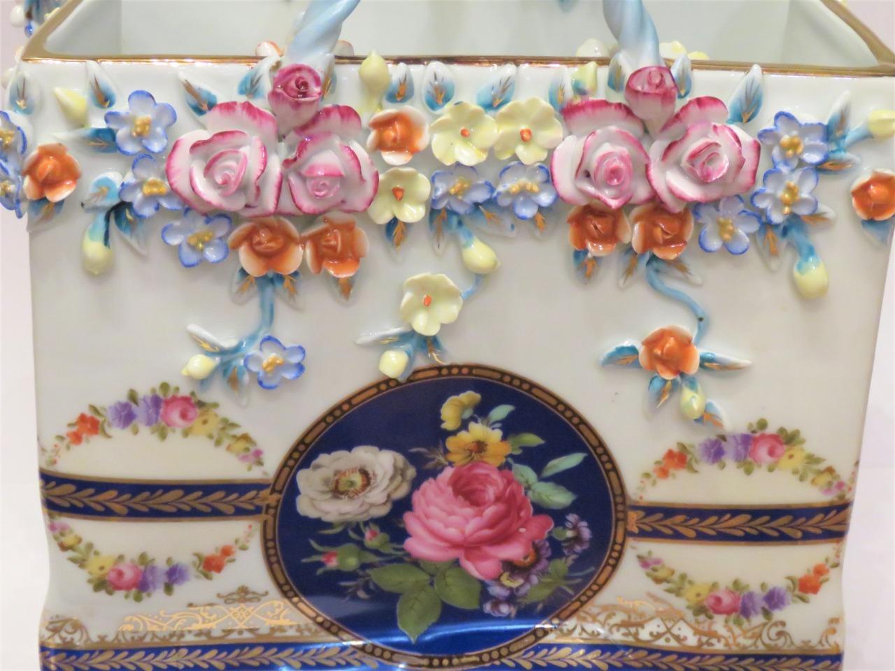Rare Important Gorgeous Sevres Style / Dresden Style Porcelain Shopping Bag In Good Condition For Sale In New York, NY