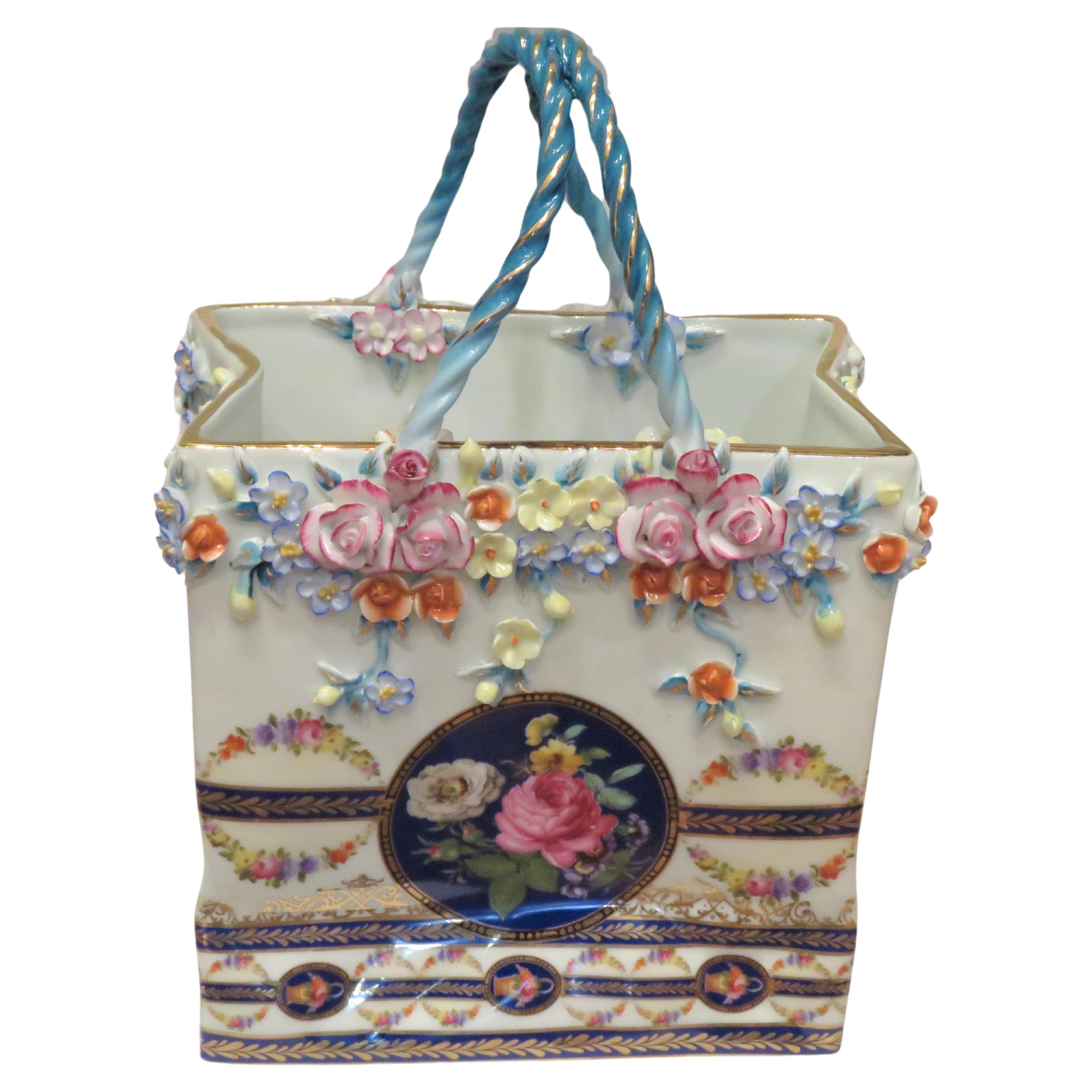 Rare Important Gorgeous Sevres Style / Dresden Style Porcelain Shopping Bag For Sale