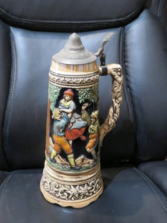 Rare Important Large Gorgeous Estate Beer Stein with European Figures Village